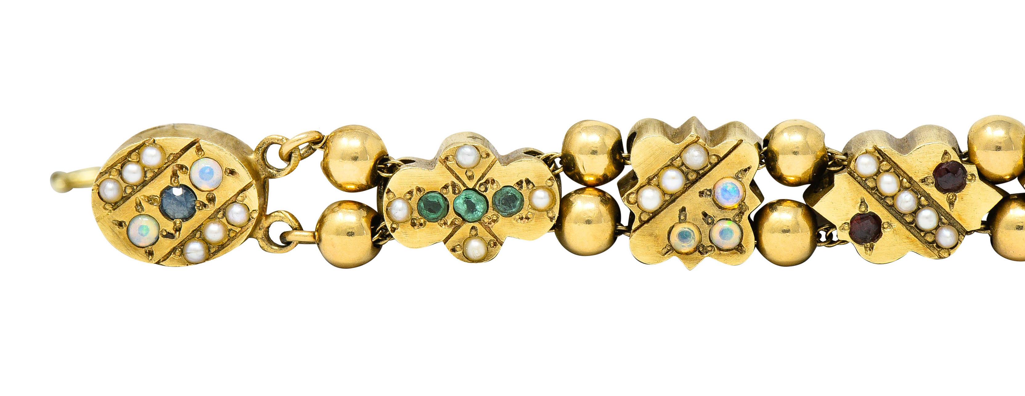 Victorian Multi-Gem Pearl Opal Emerald Garnet 14 Karat Gold Slide Link Bracelet 2