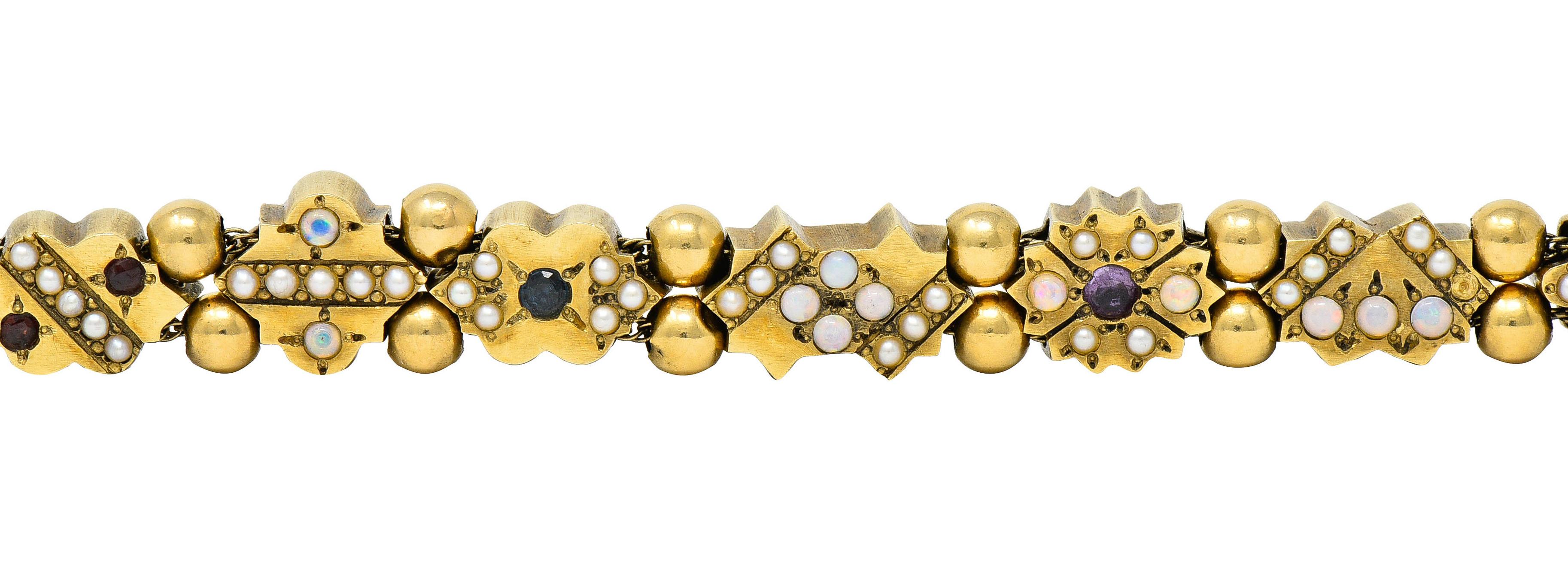Victorian Multi-Gem Pearl Opal Emerald Garnet 14 Karat Gold Slide Link Bracelet 3