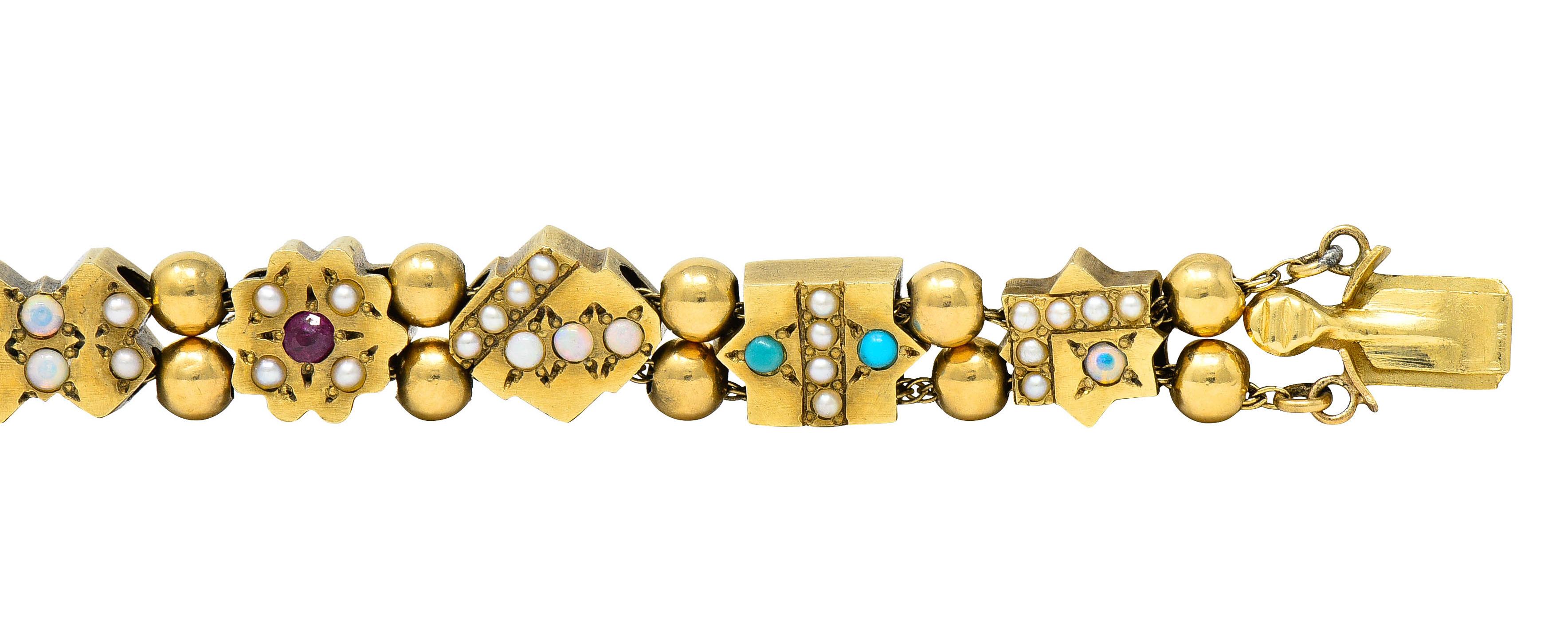 Victorian Multi-Gem Pearl Opal Emerald Garnet 14 Karat Gold Slide Link Bracelet 4