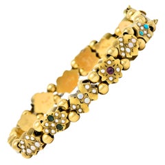 Antique Victorian Multi-Gem Pearl Opal Emerald Garnet 14 Karat Gold Slide Link Bracelet