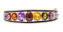 Victorian Multi-Gem Sapphire Citrine Enamel 14 Karat Gold Bangle Bracelet, 1880s