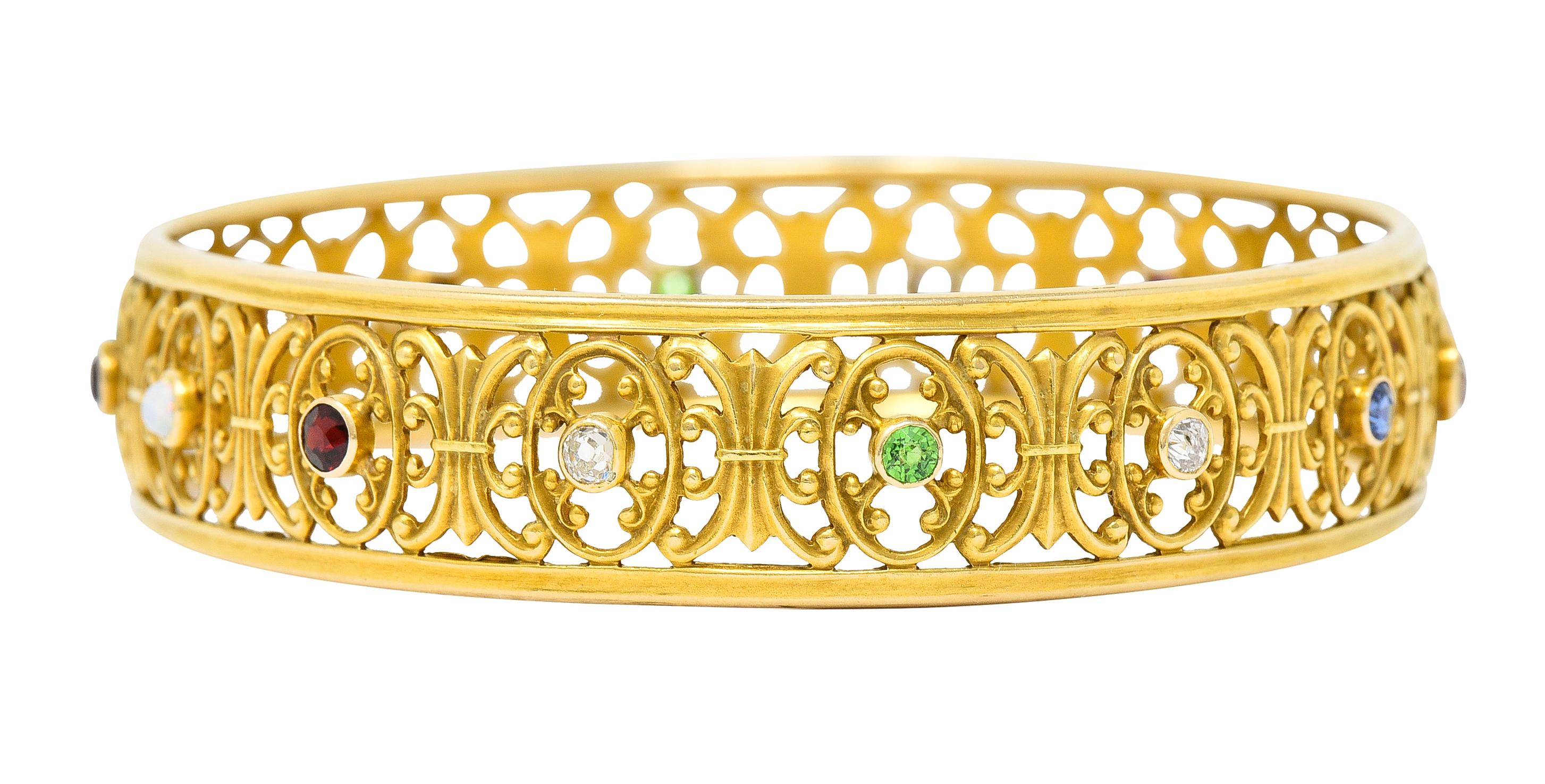 Women's or Men's Victorian Multi-Gem Sapphire Diamond Ruby 18 Karat Yellow Gold Bangle Bracelet