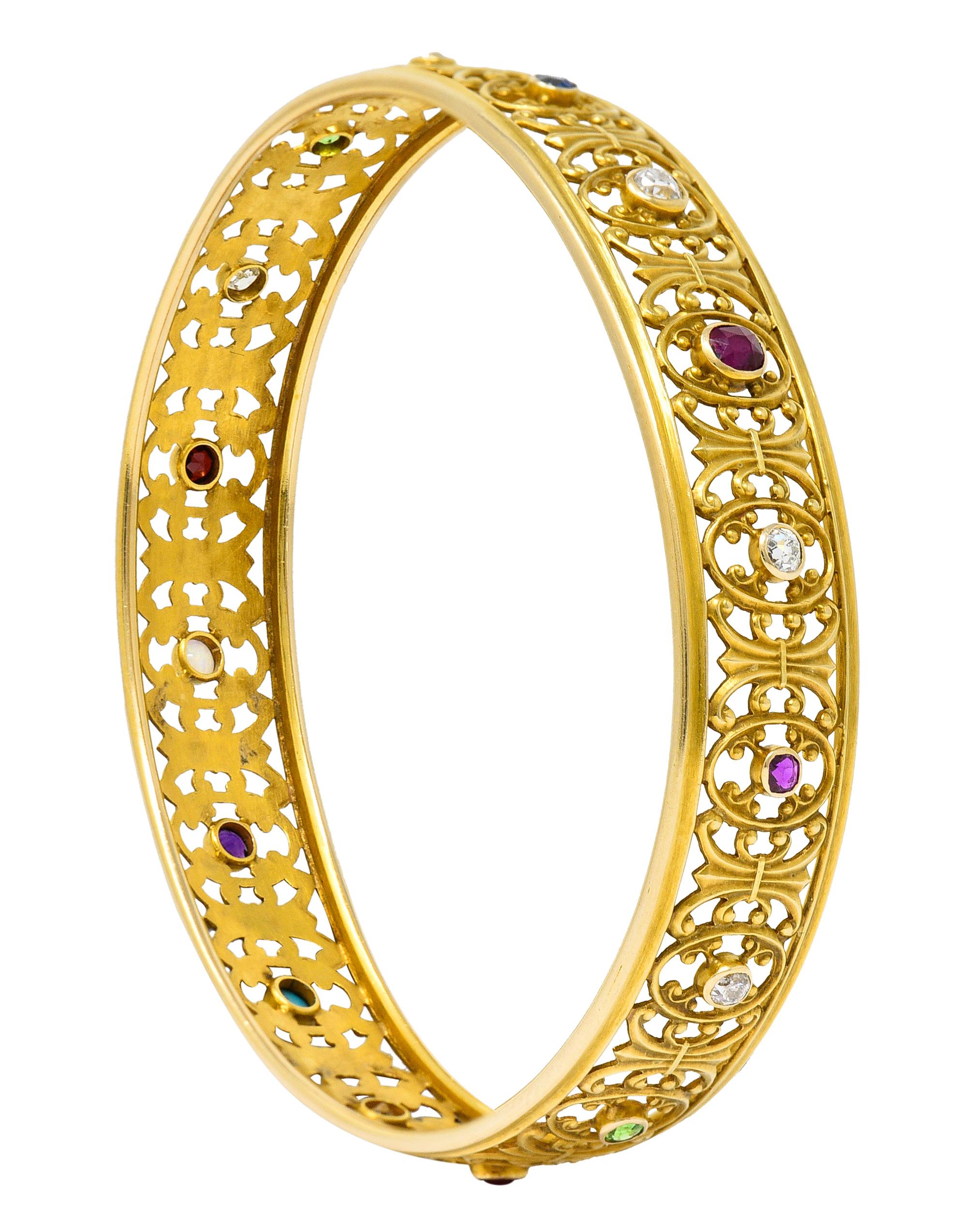 Victorian Multi-Gem Sapphire Diamond Ruby 18 Karat Yellow Gold Bangle Bracelet 3