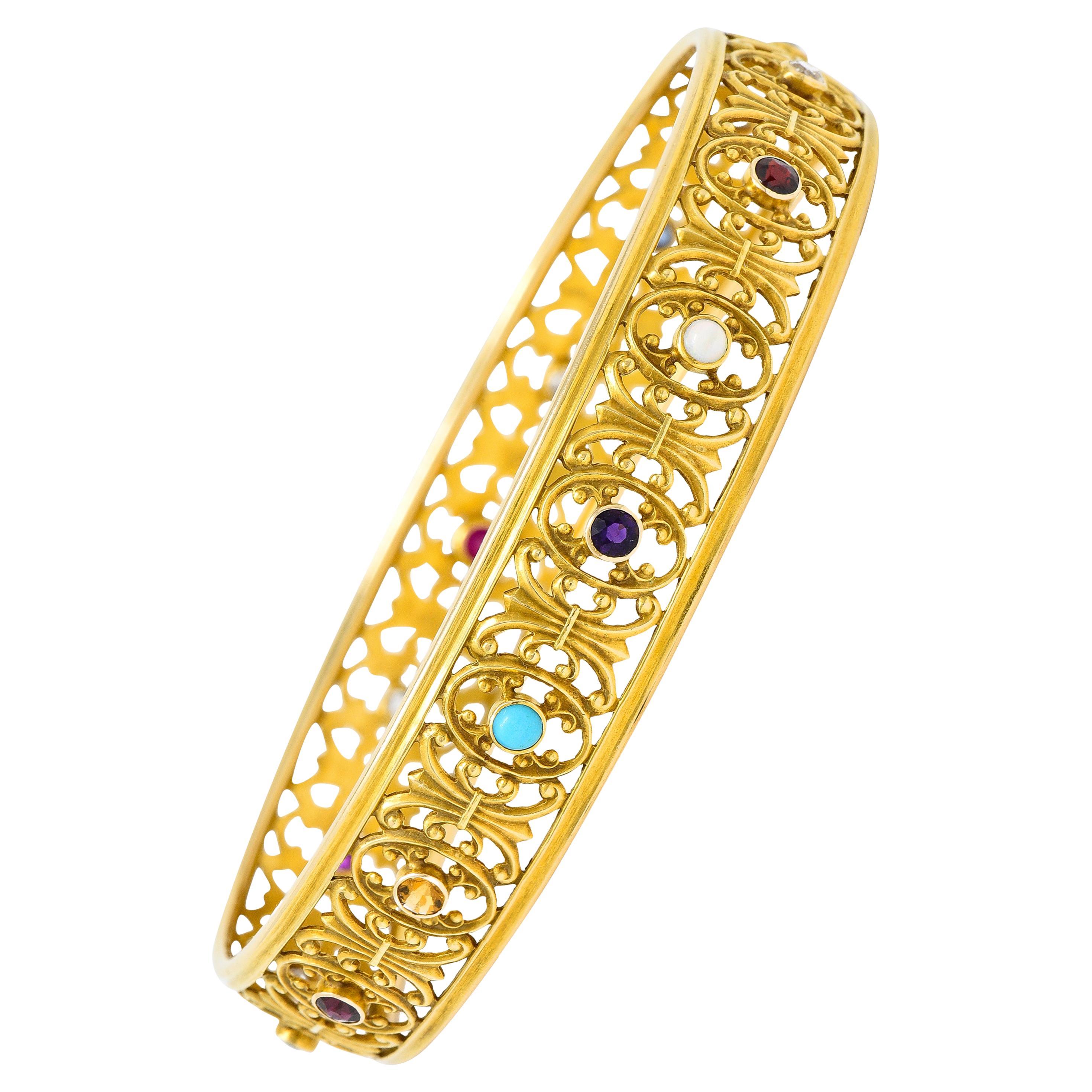 Victorian Multi-Gem Sapphire Diamond Ruby 18 Karat Yellow Gold Bangle Bracelet