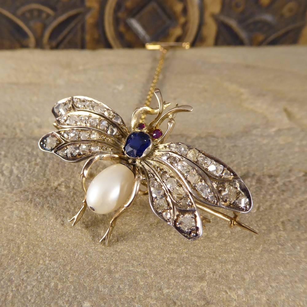 Victorian Multi Gem Set Silver Gold Bug Brooch In Good Condition In Yorkshire, West Yorkshire