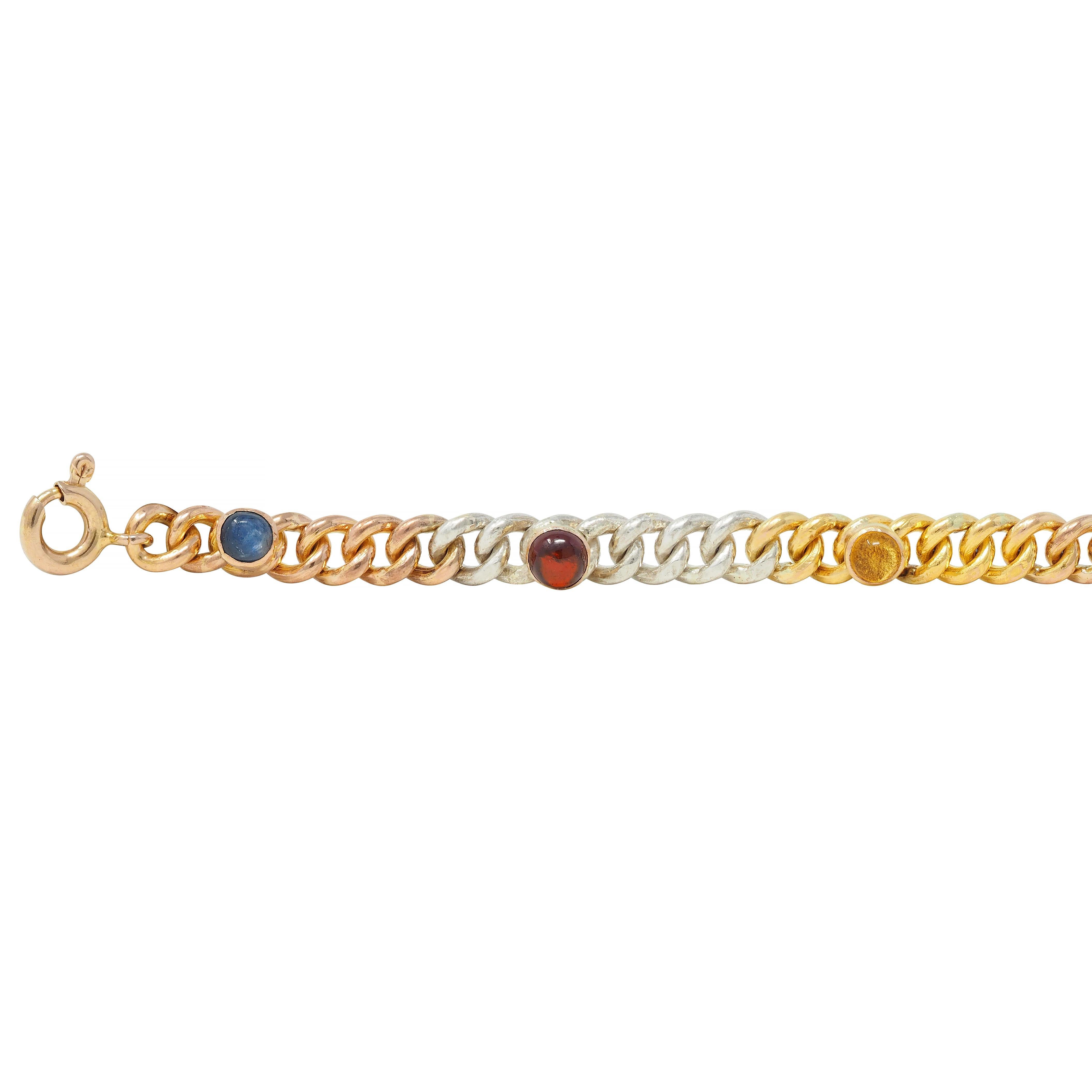 Designed as a curb link chain with alternating segments of yellow gold, rose gold, and silver 
Featuring 3.0 mm round bezel set gemstones arranged as traditional Indian planetary Navantra 
Centering a single cut diamond set in silver - quality