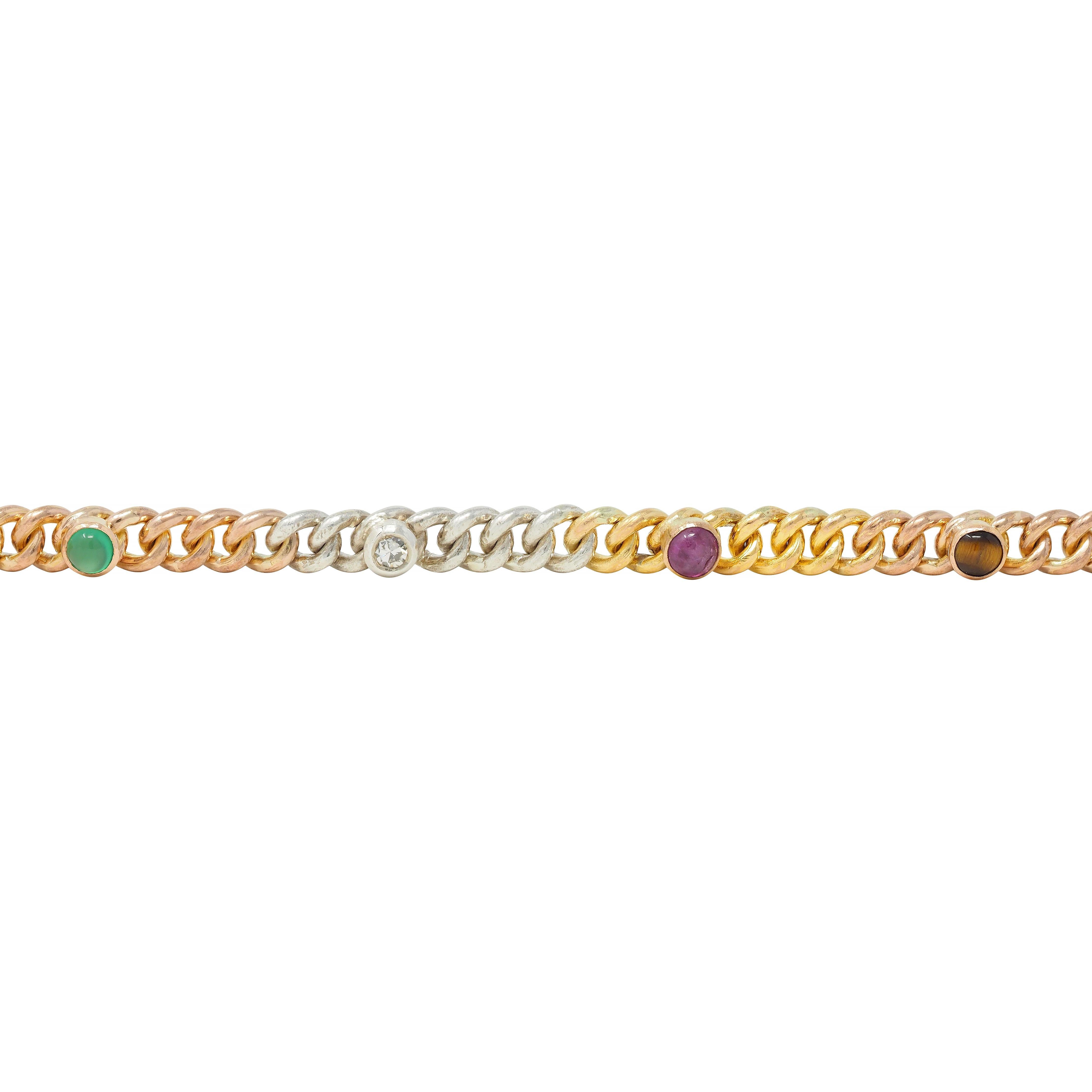 Victorian Multi-Gem Silver 14K Two-Tone Gold Navantra Antique Curb Link Bracelet In Excellent Condition In Philadelphia, PA