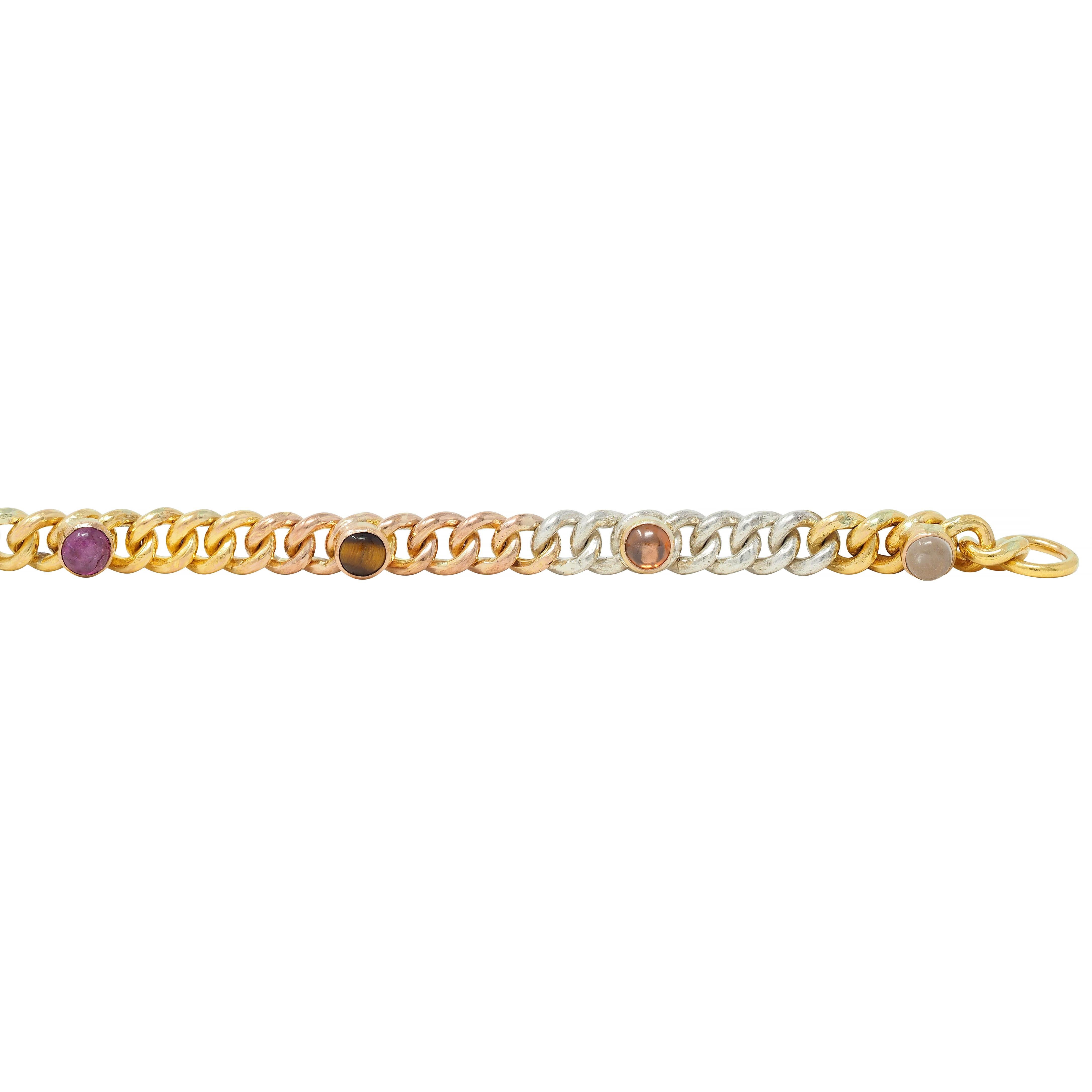 Women's or Men's Victorian Multi-Gem Silver 14K Two-Tone Gold Navantra Antique Curb Link Bracelet
