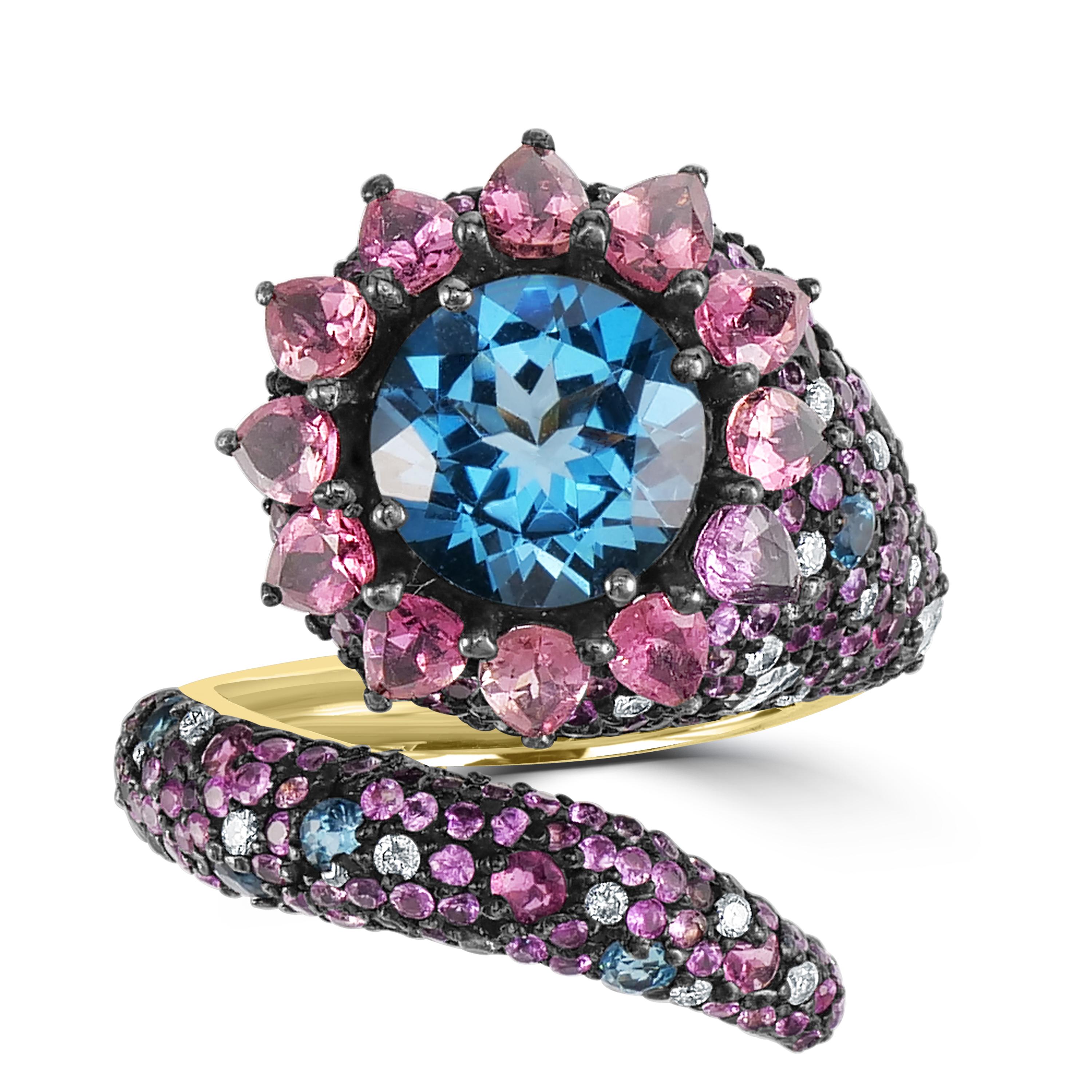 Victorian Multi gemstone and Diamond Serpentine Ring in 18k Gold and Silver In New Condition For Sale In New York, NY