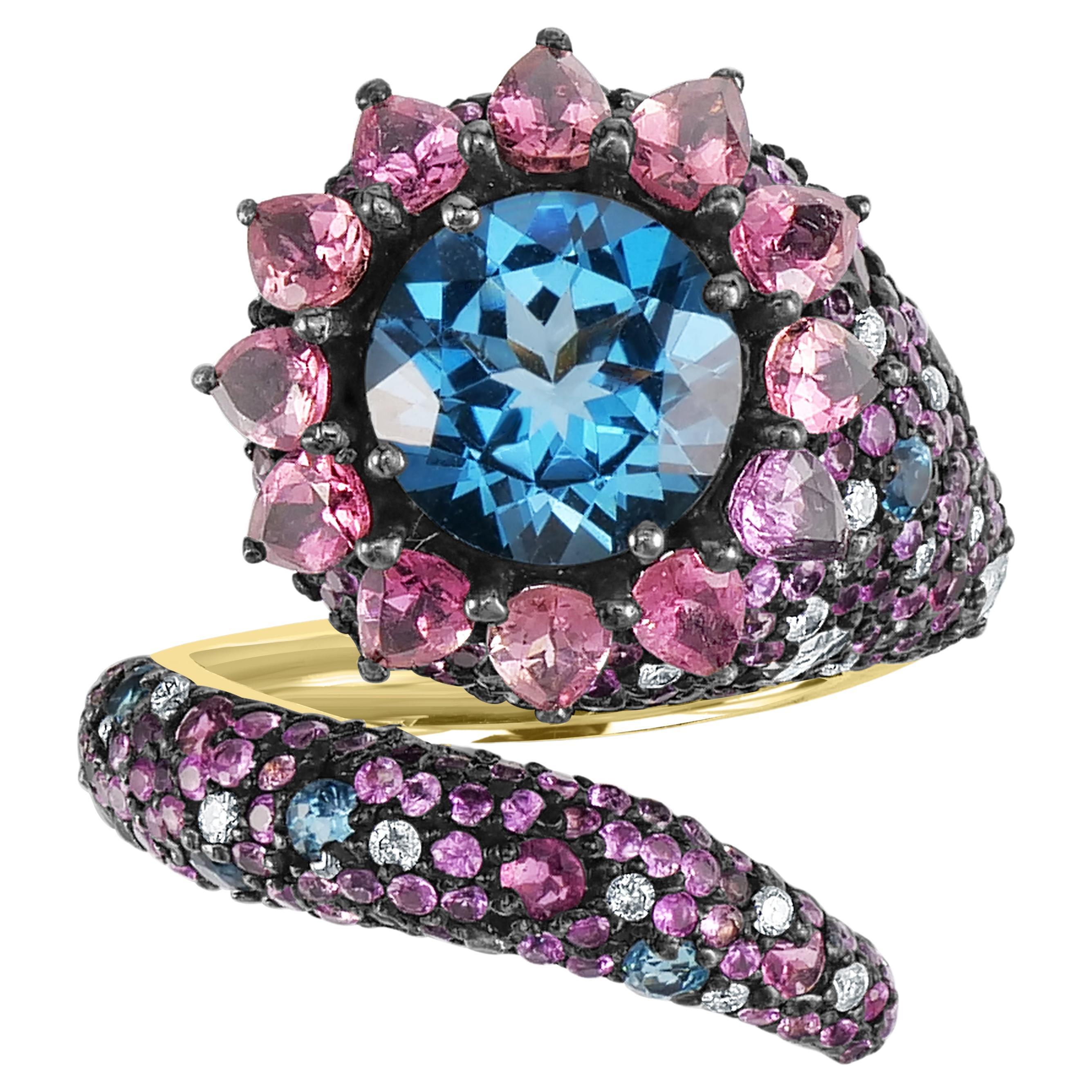 Victorian Multi gemstone and Diamond Serpentine Ring in 18k Gold and Silver For Sale