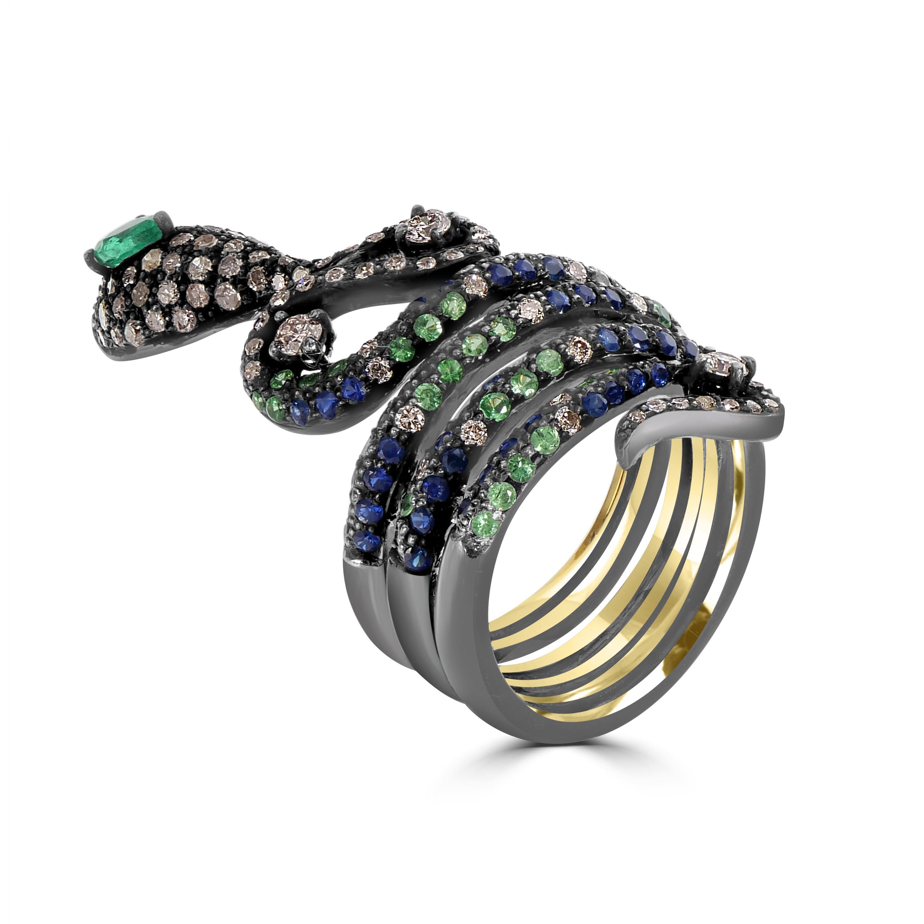 Discover the allure of the Victorian Multi Gemstone and Diamond Serpentine Band Ring — a stackable masterpiece in 18k Gold and black rhodium silver that seamlessly blends historical charm with contemporary elegance.

At the helm of this ring is a