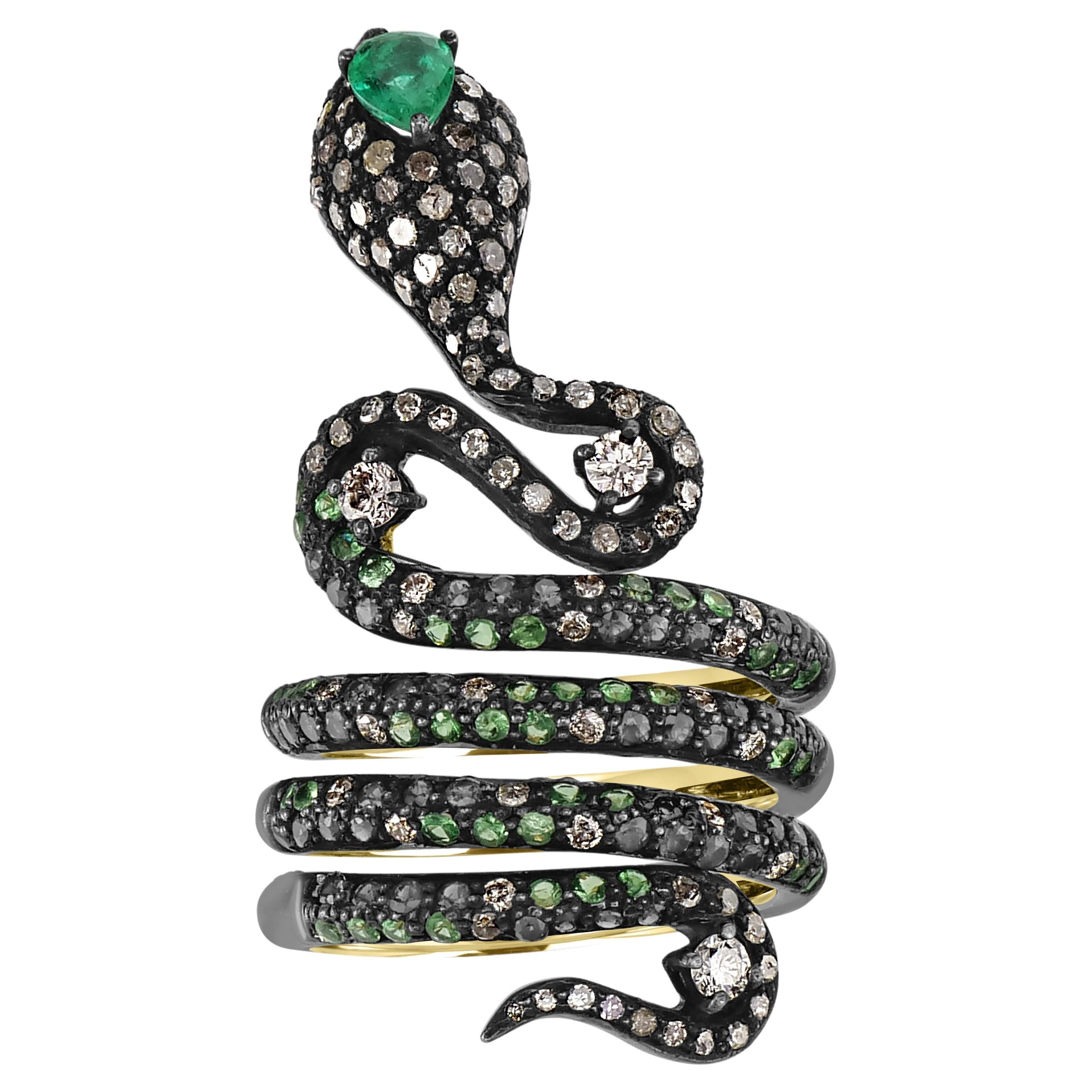 Viktorianischer stapelbarer viktorianischer Ring mit mehreren Edelsteinen und Diamanten in Serpentinenform in 18k/925 im Angebot