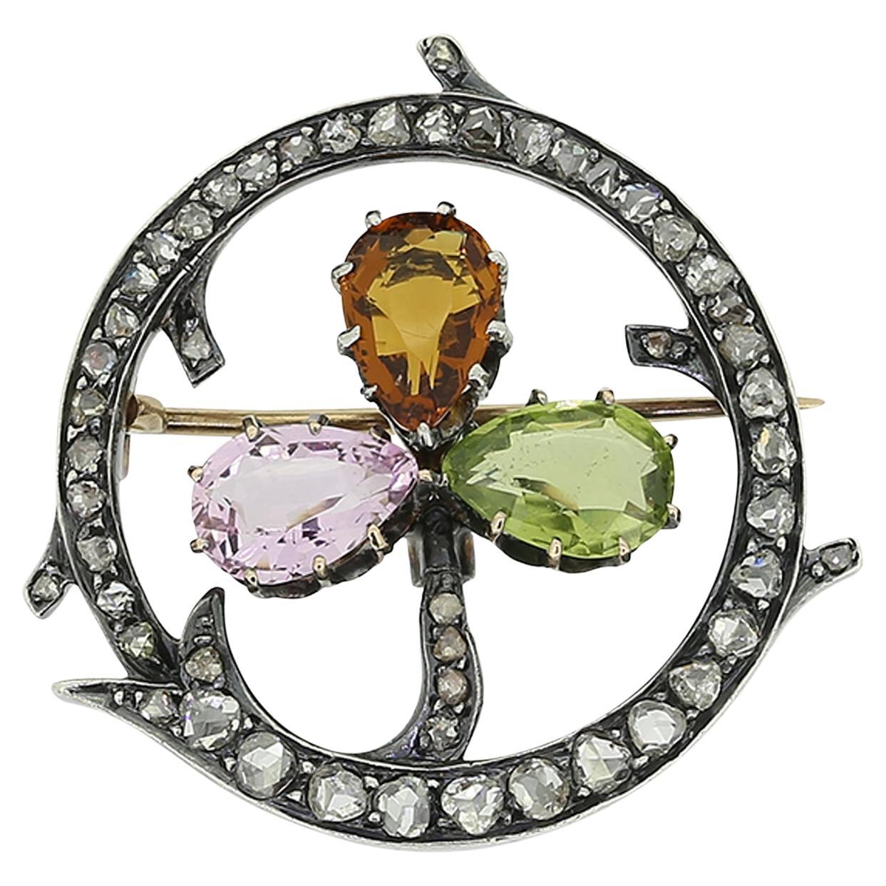 Victorian Multi Gemstone Trefoil Brooch