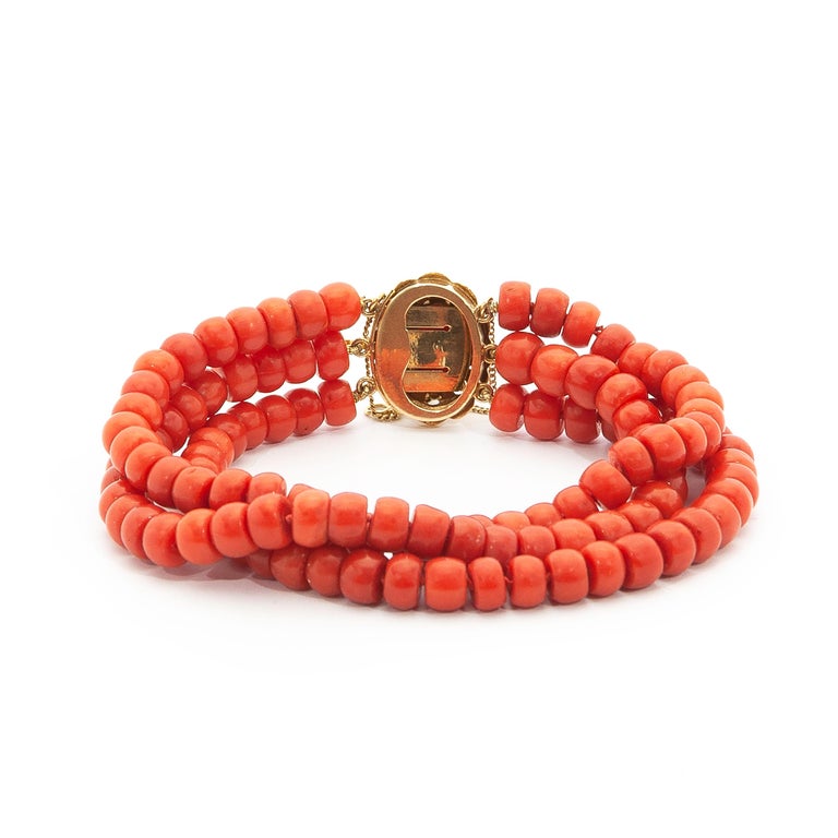 14K Gold MultiStrand Red Coral Beaded Bracelet For Sale at