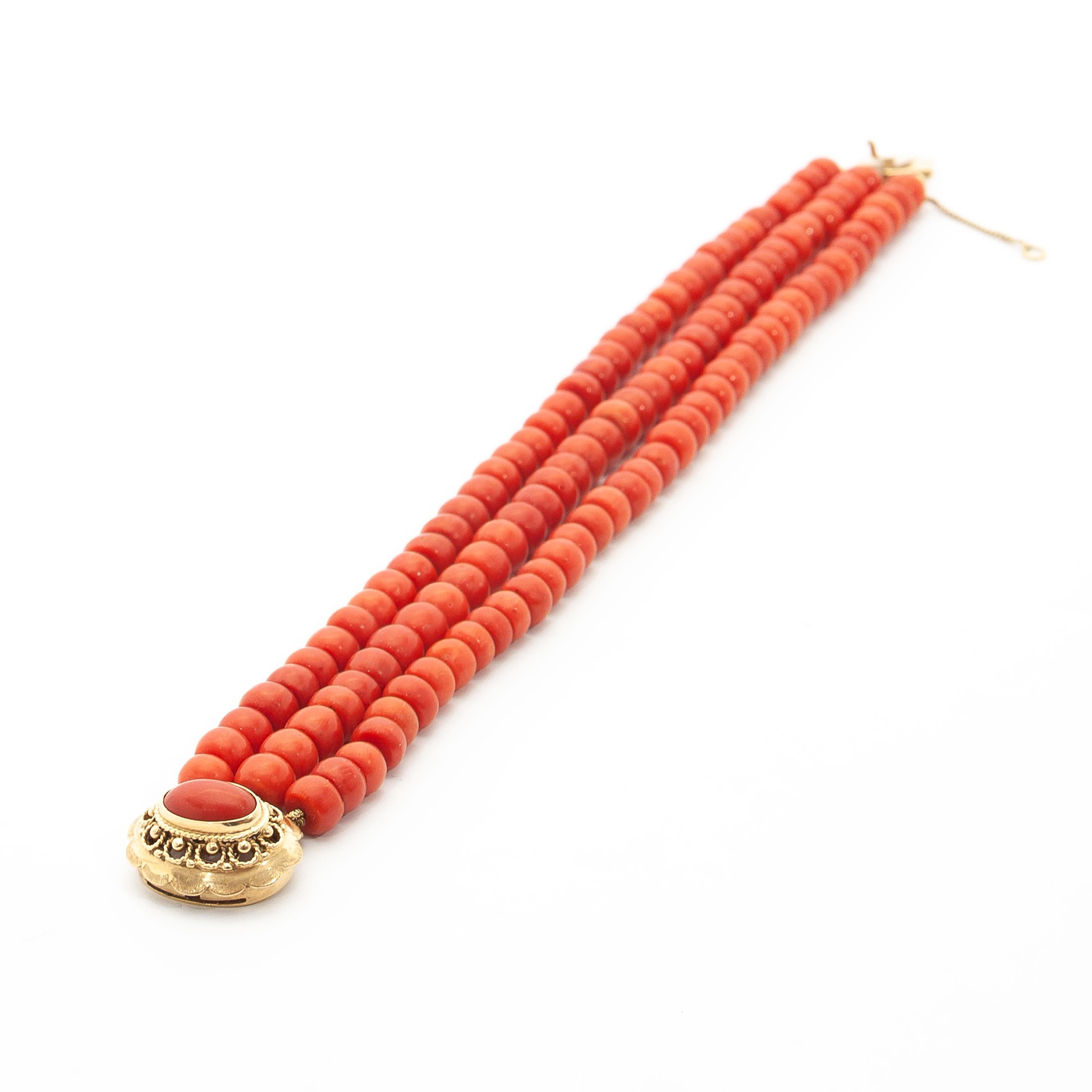 14K Gold Multi-Strand Red Coral Cannetille Beaded Bracelet 2