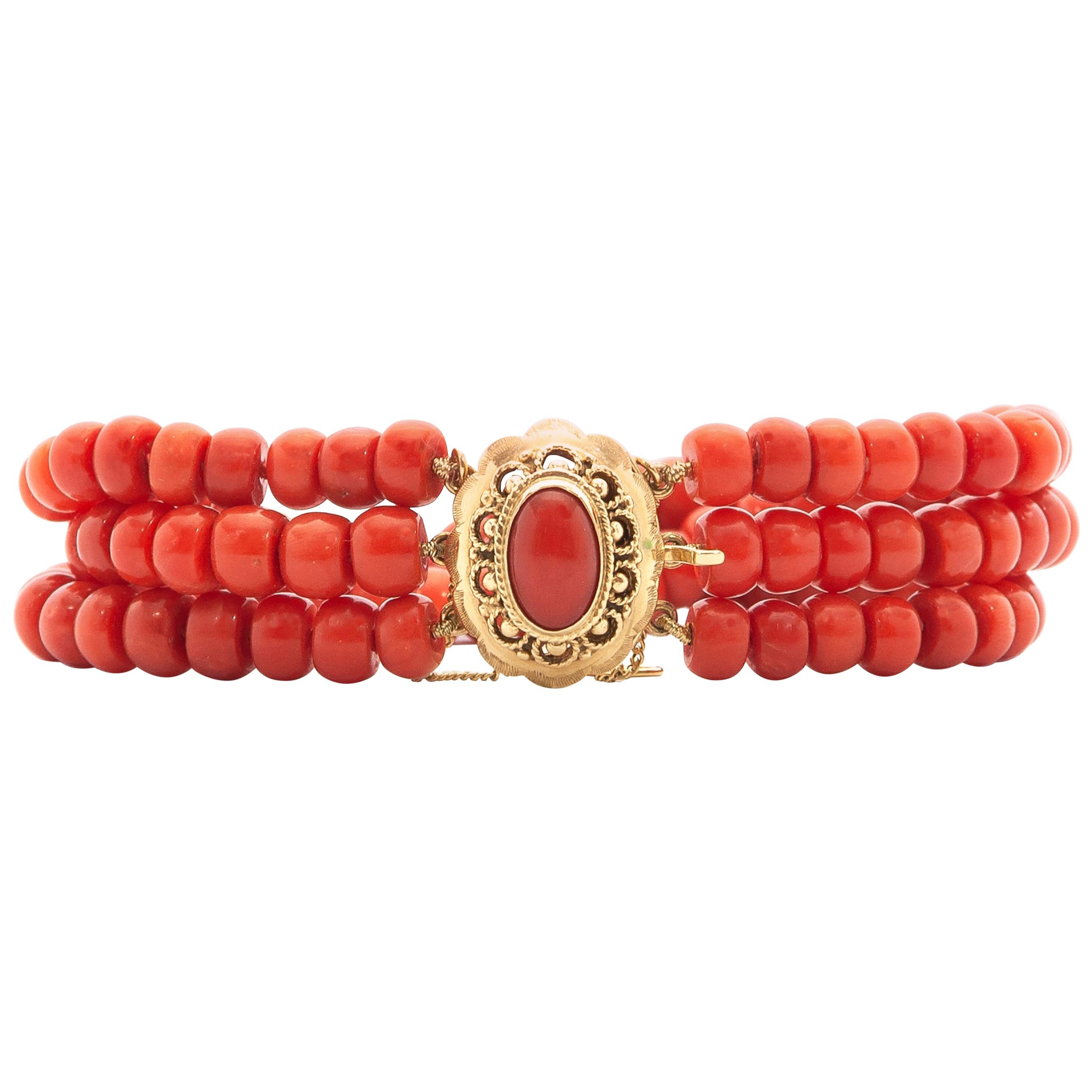 14K Gold Multi-Strand Red Coral Cannetille Beaded Bracelet