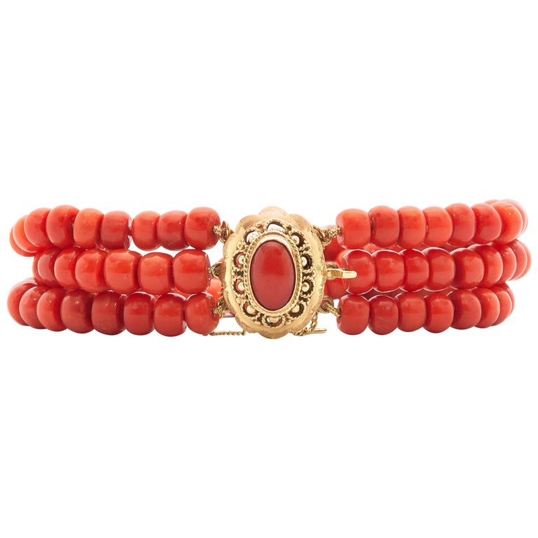 14K Gold MultiStrand Red Coral Beaded Bracelet For Sale at