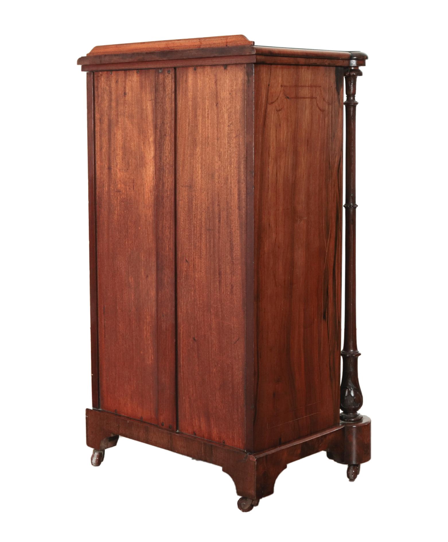 - Gorgeous Victorian music cabinet in walnut
- These were originally designed for when people played music at home as their entertainment
- Shelves for sheet music have leather signs designating type of music; dance, sacred, dance etc
- Comes on