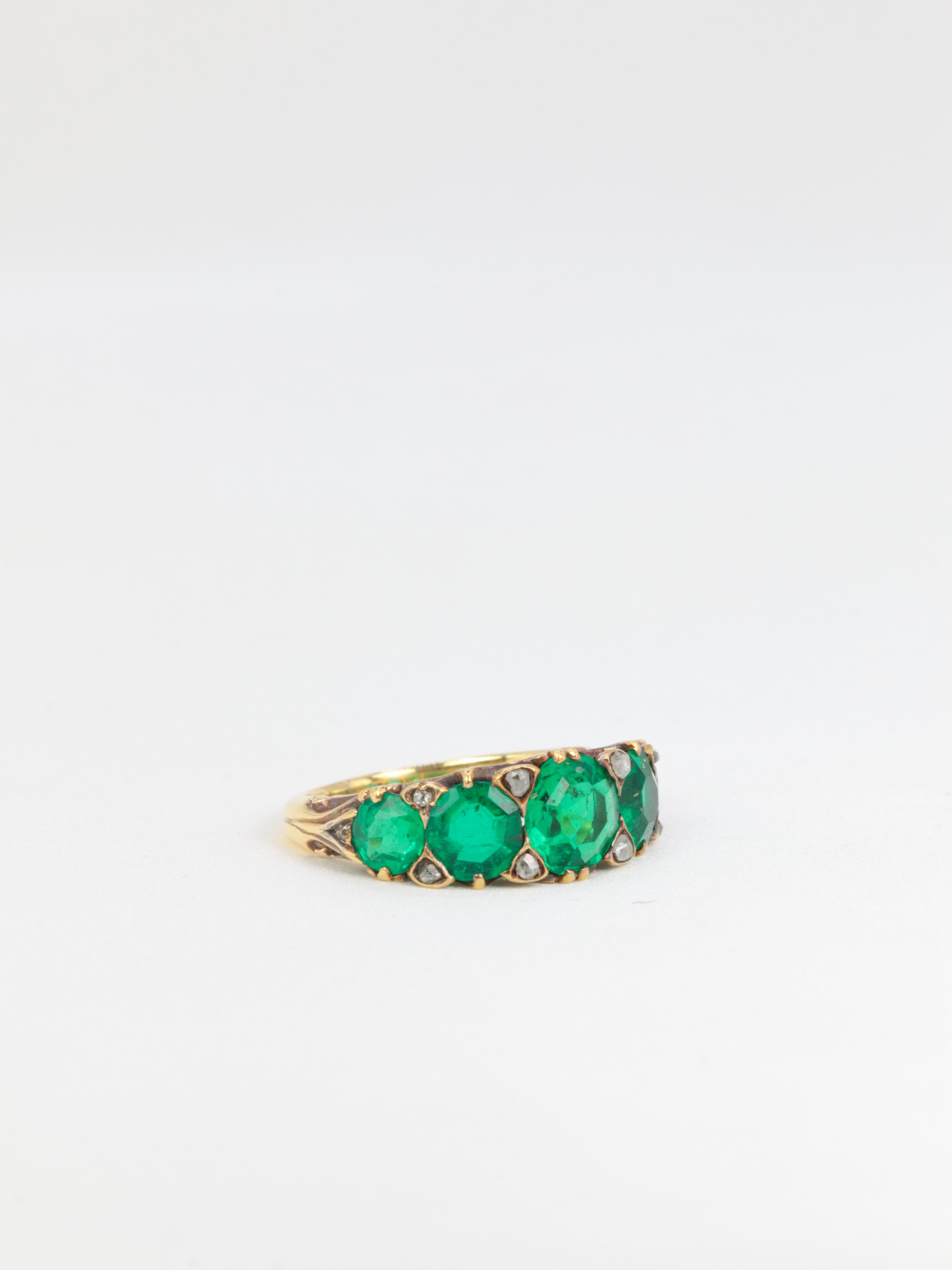 Emerald Cut Victorian Muzo Colombian emeralds and diamonds ring For Sale