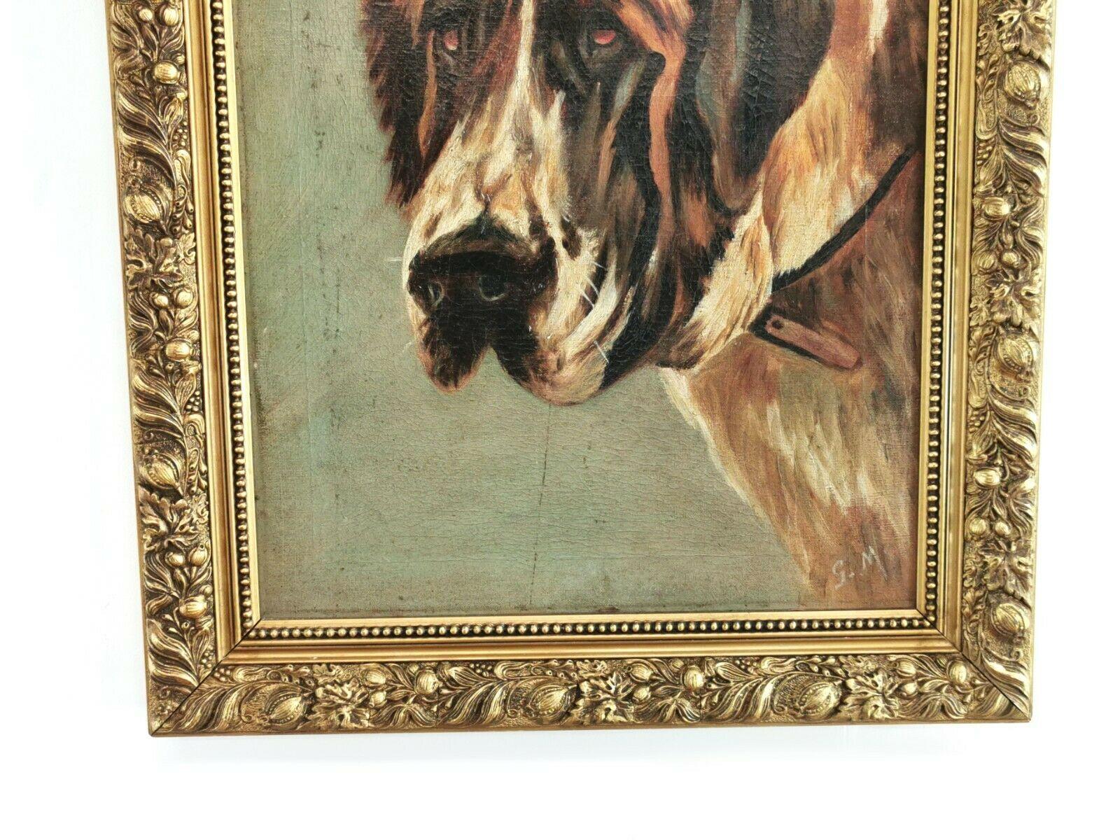 Victorian Naive Oil on Canvas Framed Signed Portrait of a Bernard Dog In Good Condition In STOKE ON TRENT, GB