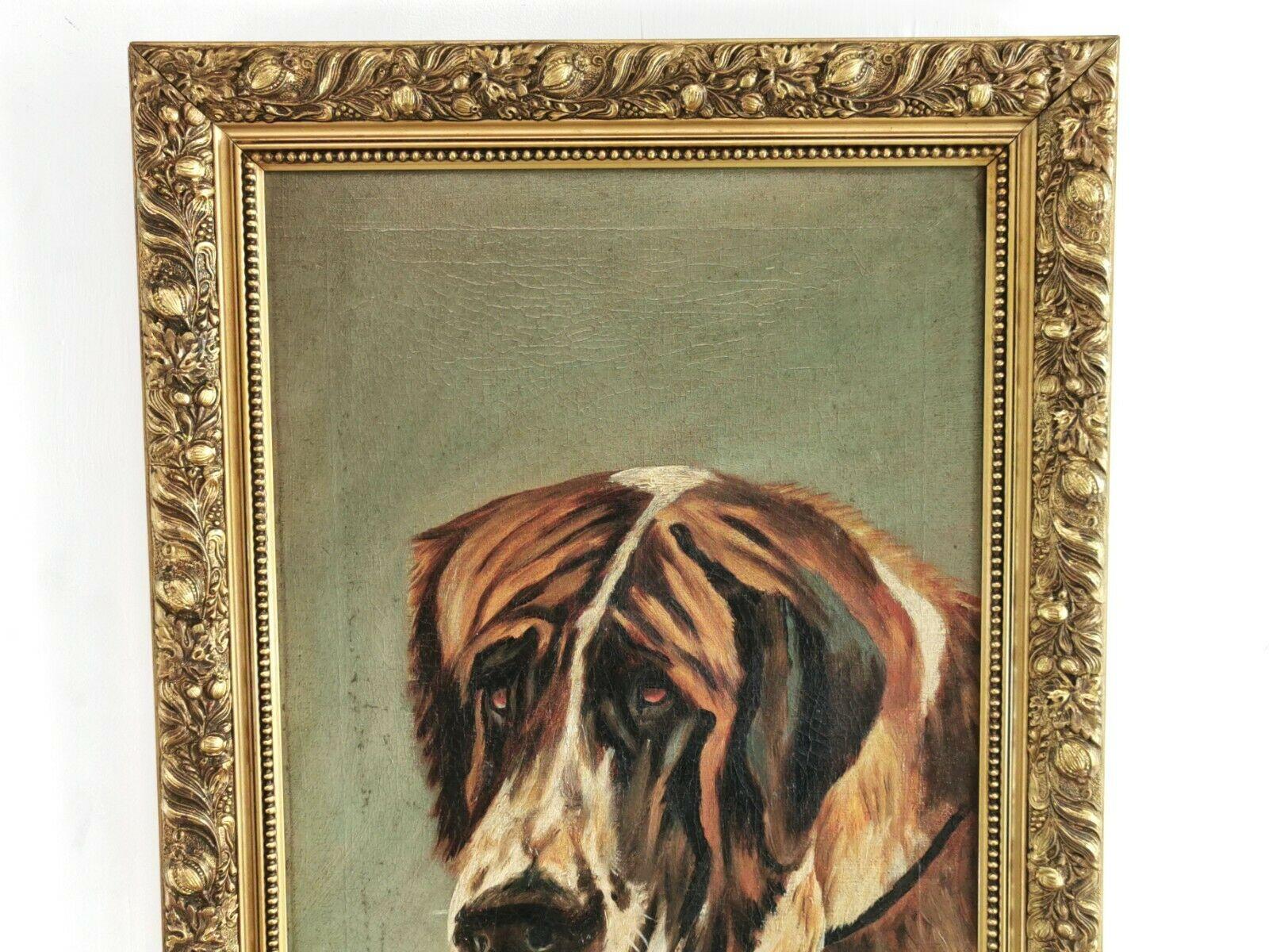 19th Century Victorian Naive Oil on Canvas Framed Signed Portrait of a Bernard Dog