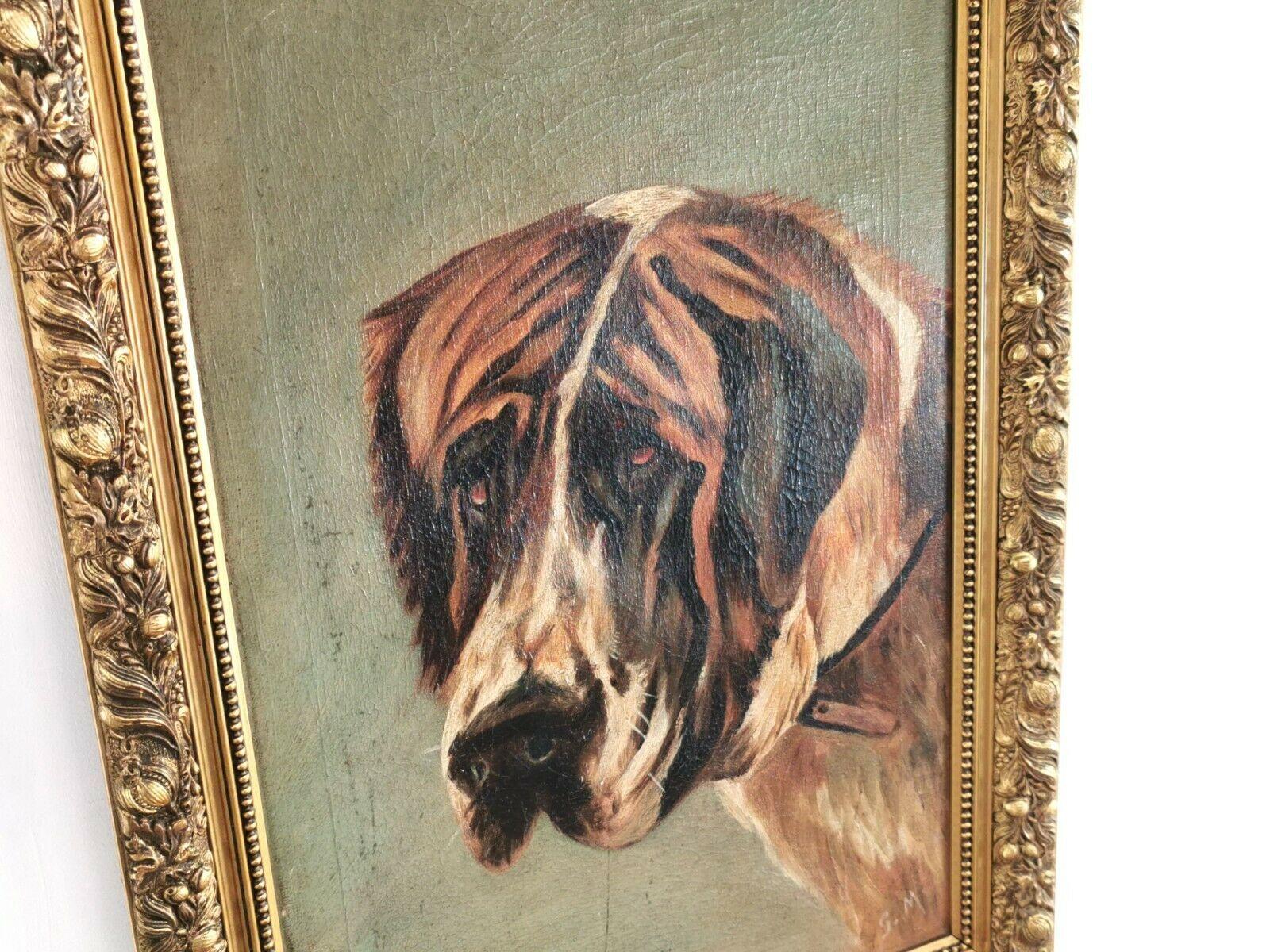 Victorian Naive Oil on Canvas Framed Signed Portrait of a Bernard Dog 1