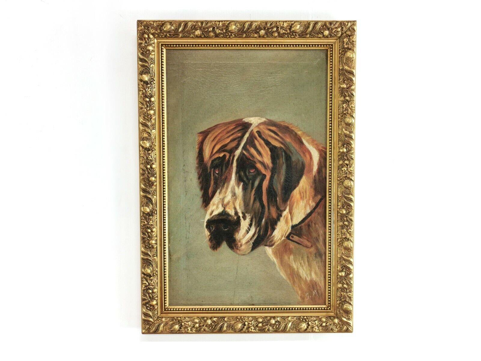 Victorian Naive Oil on Canvas Framed Signed Portrait of a Bernard Dog 2