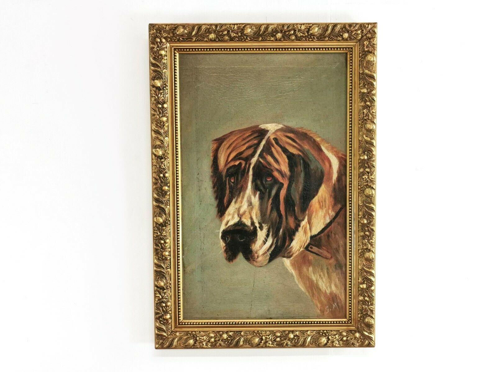 Victorian Naive Oil on Canvas Framed Signed Portrait of a Bernard Dog 4