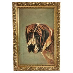 Antique Victorian Naive Oil on Canvas Framed Signed Portrait of a Bernard Dog