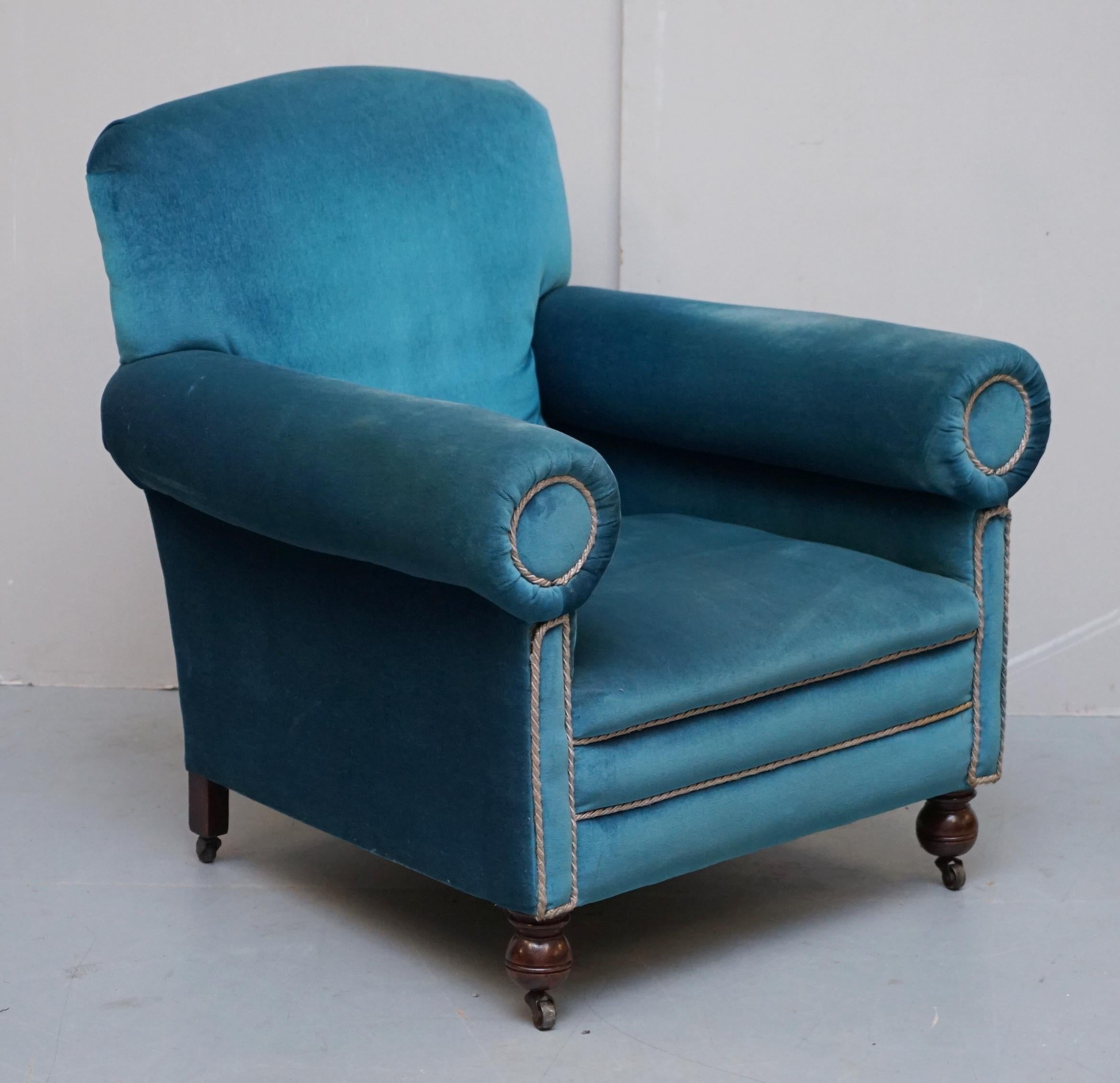 Victorian Napoleonic Blue Velvet Maple & Co Armchairs Pair Bluster Bolster Arms 6