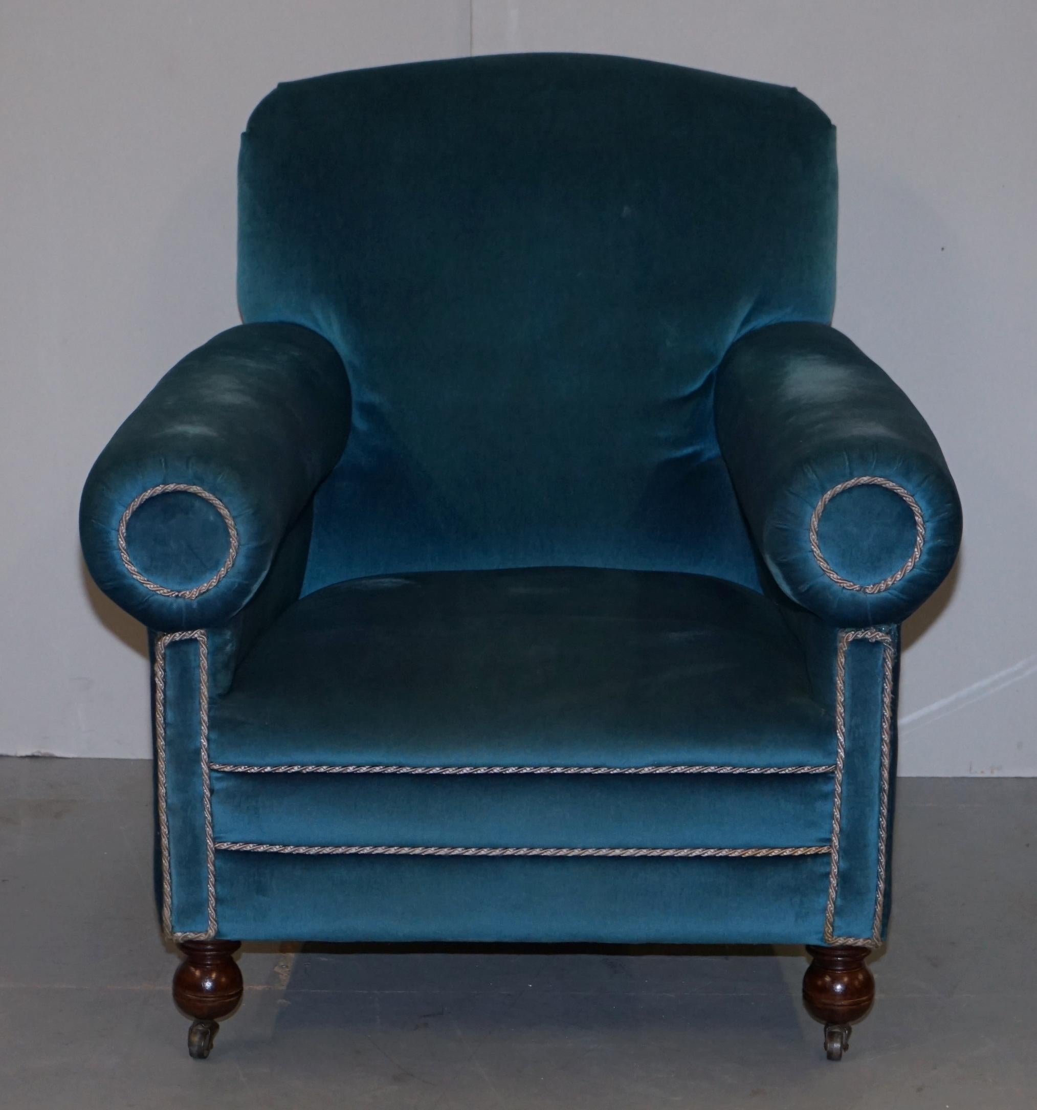 Victorian Napoleonic Blue Velvet Maple & Co Armchairs Pair Bluster Bolster Arms 7