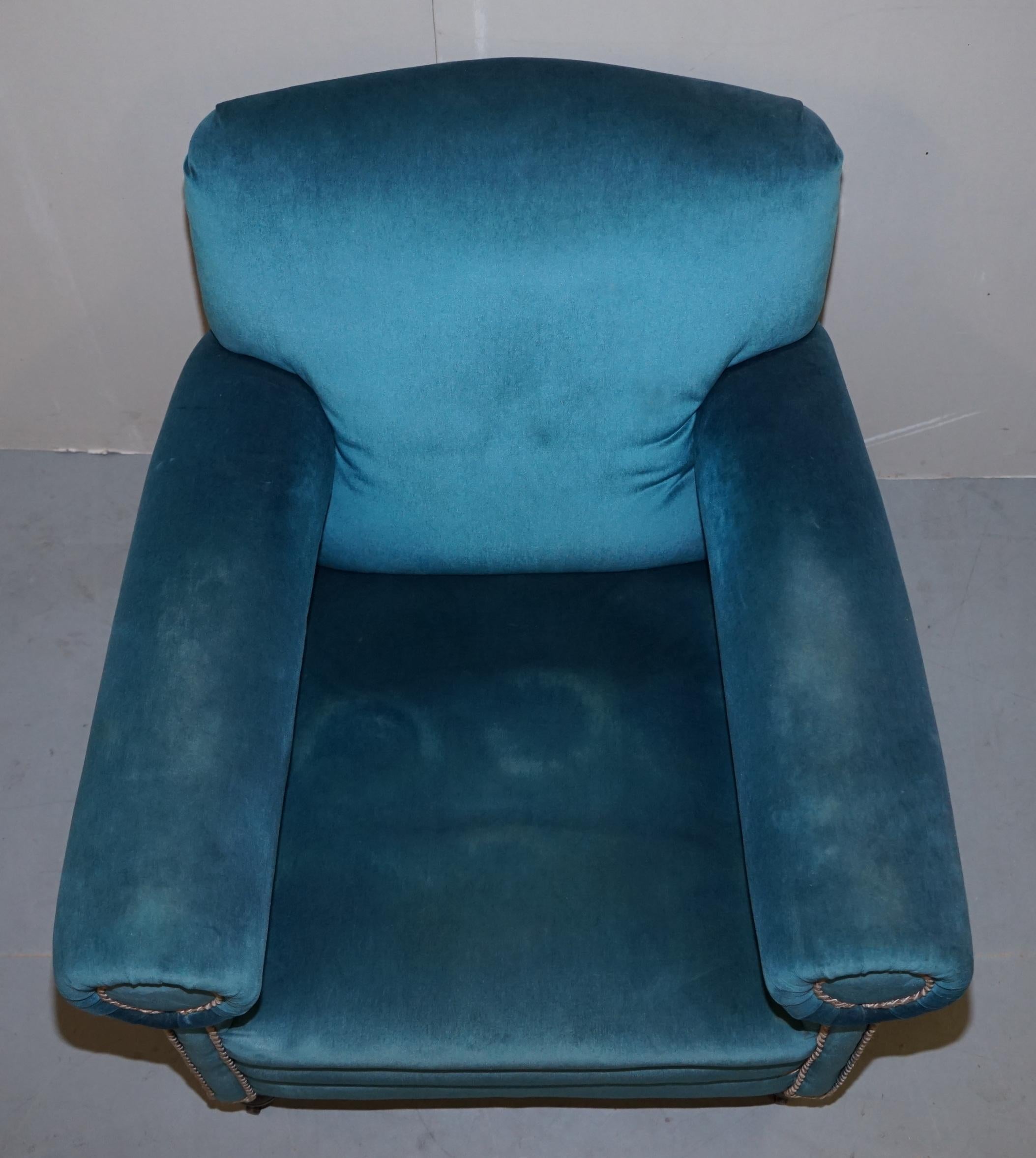 Victorian Napoleonic Blue Velvet Maple & Co Armchairs Pair Bluster Bolster Arms 8