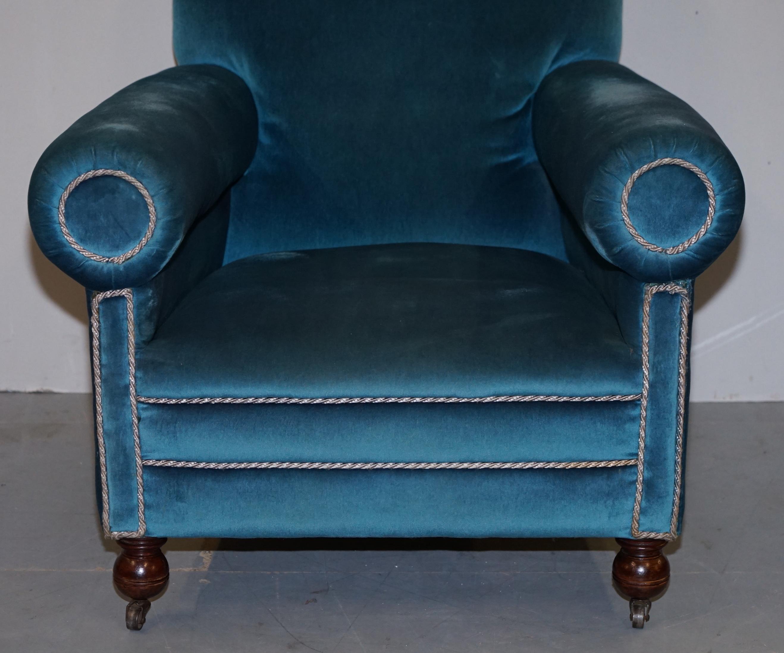 Victorian Napoleonic Blue Velvet Maple & Co Armchairs Pair Bluster Bolster Arms 10