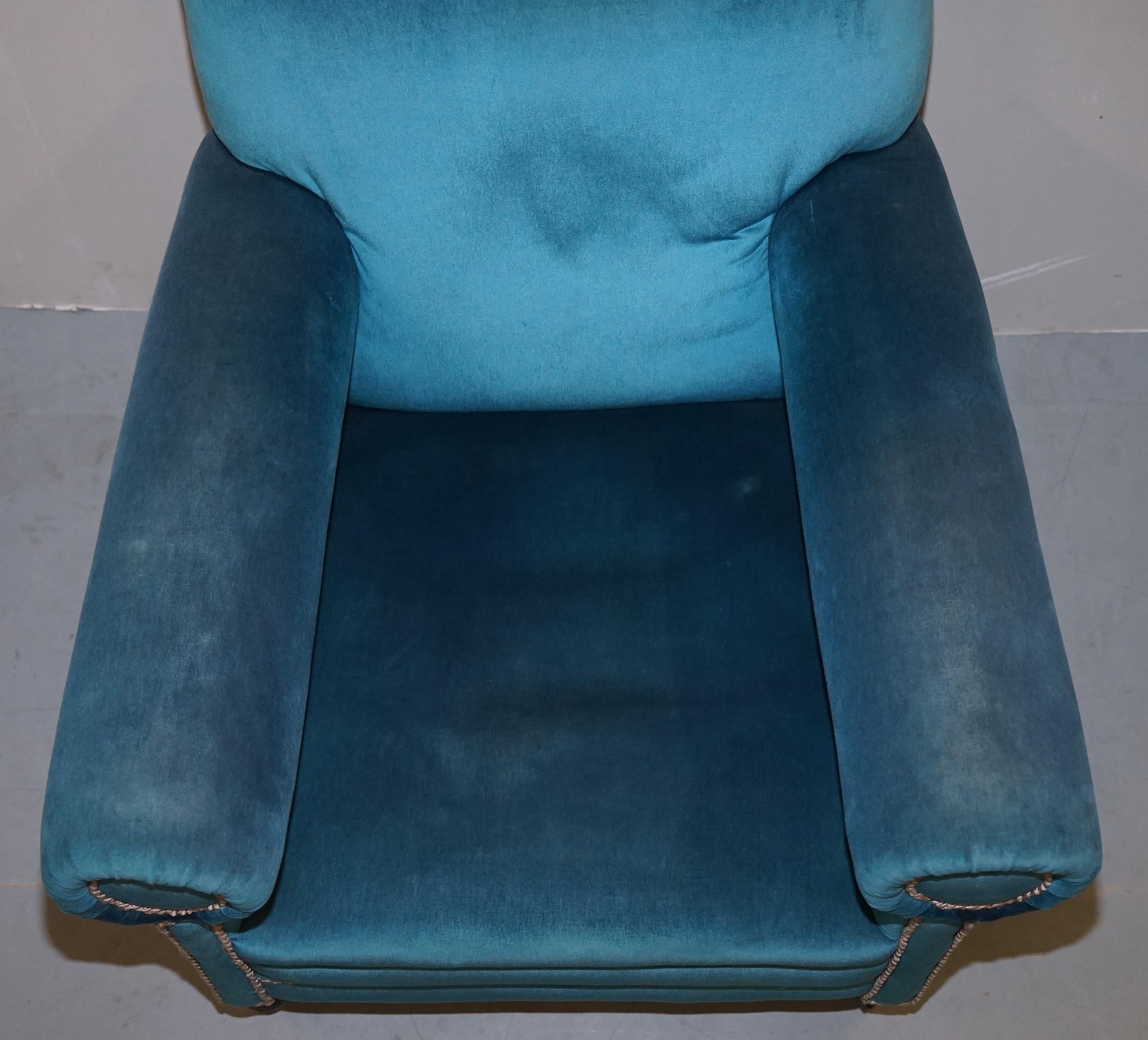 Hand-Crafted Victorian Napoleonic Blue Velvet Maple & Co Armchairs Pair Bluster Bolster Arms