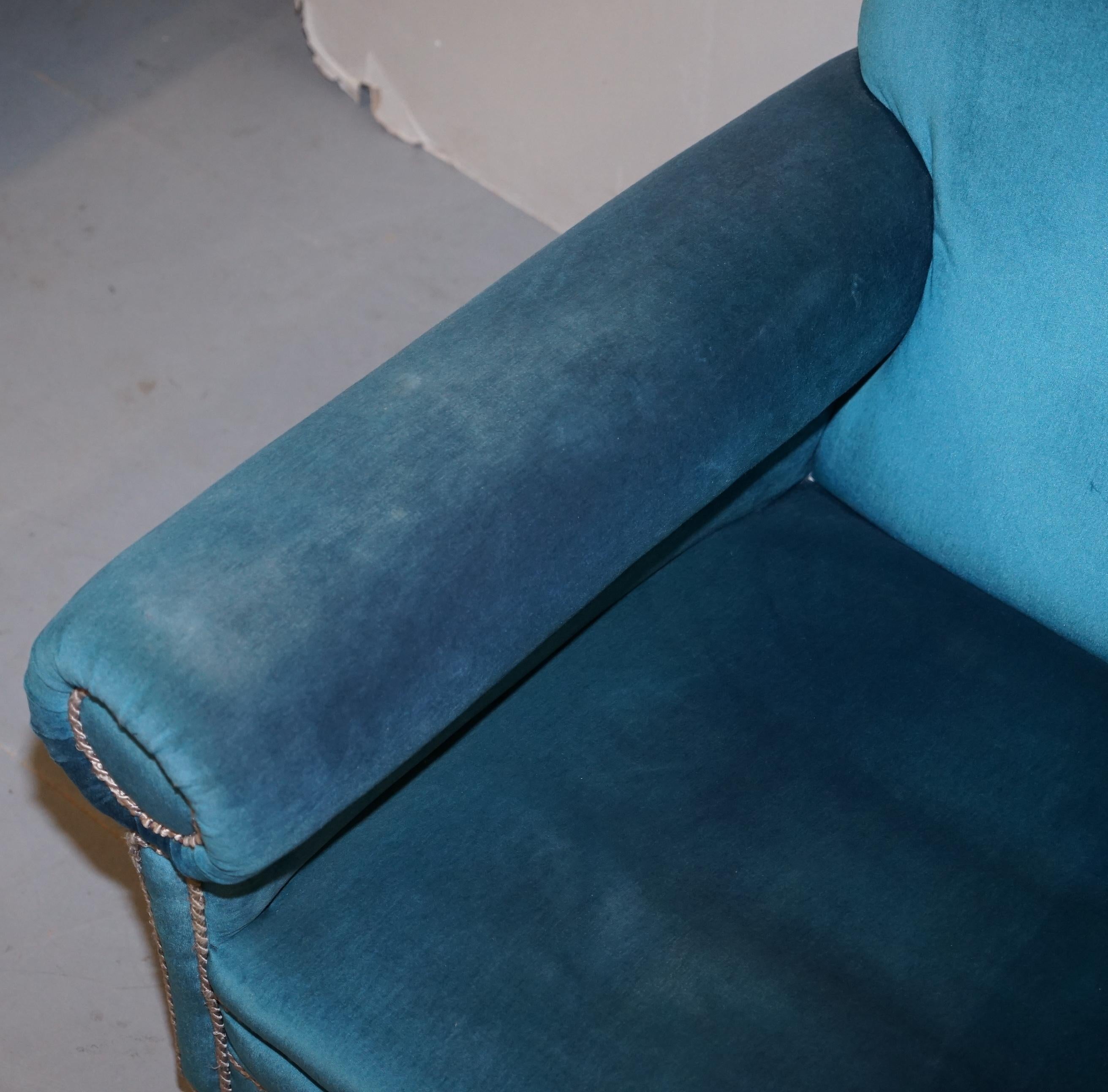 Late 19th Century Victorian Napoleonic Blue Velvet Maple & Co Armchairs Pair Bluster Bolster Arms