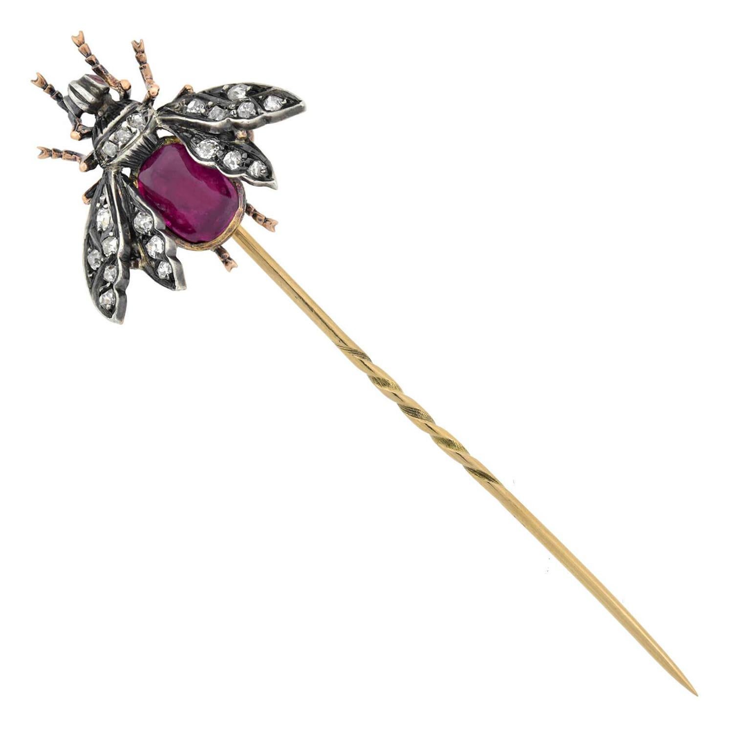 Victorian Natural 1.25 CarBurma Ruby Diamond Fly Stick Pin/Pendant