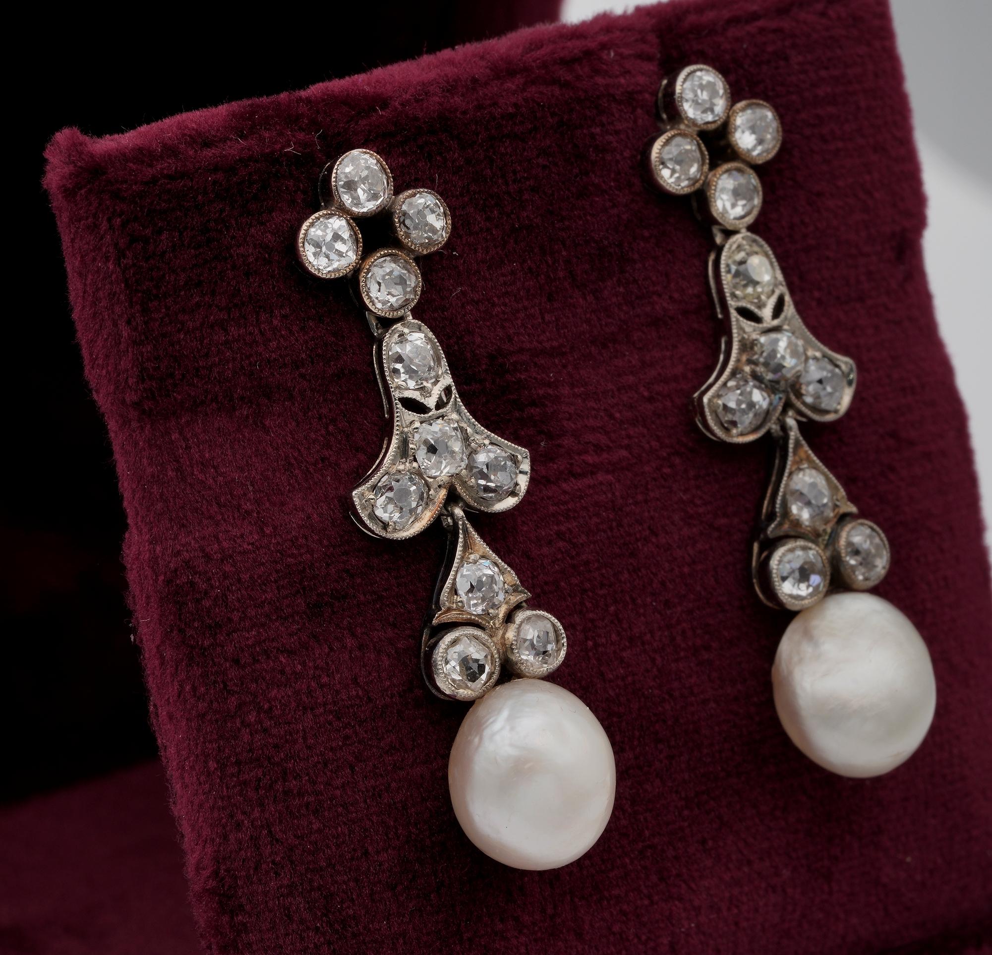 Old Mine Cut Victorian Natural Basra Pearl 2.40 Carat Diamond Drop Earrings For Sale