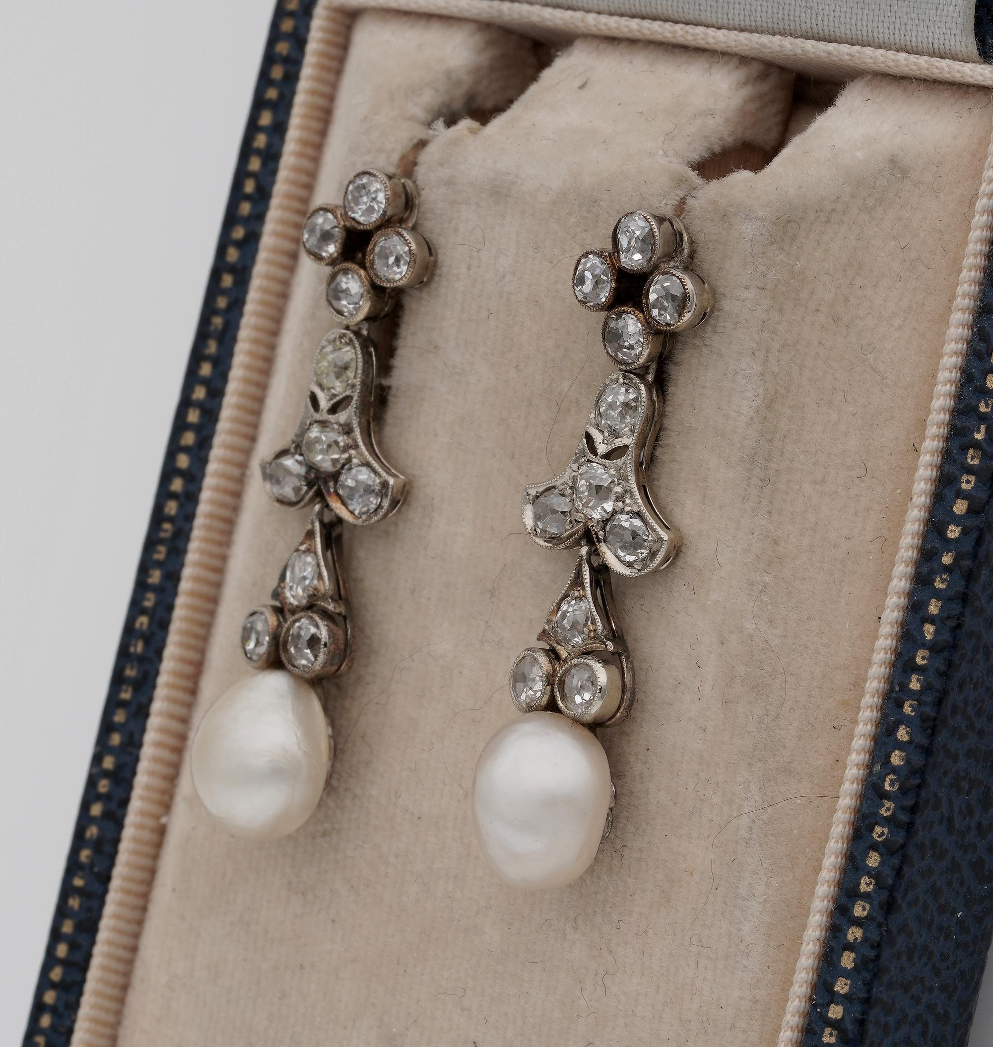Victorian Natural Basra Pearl 2.40 Carat Diamond Drop Earrings In Good Condition For Sale In Napoli, IT