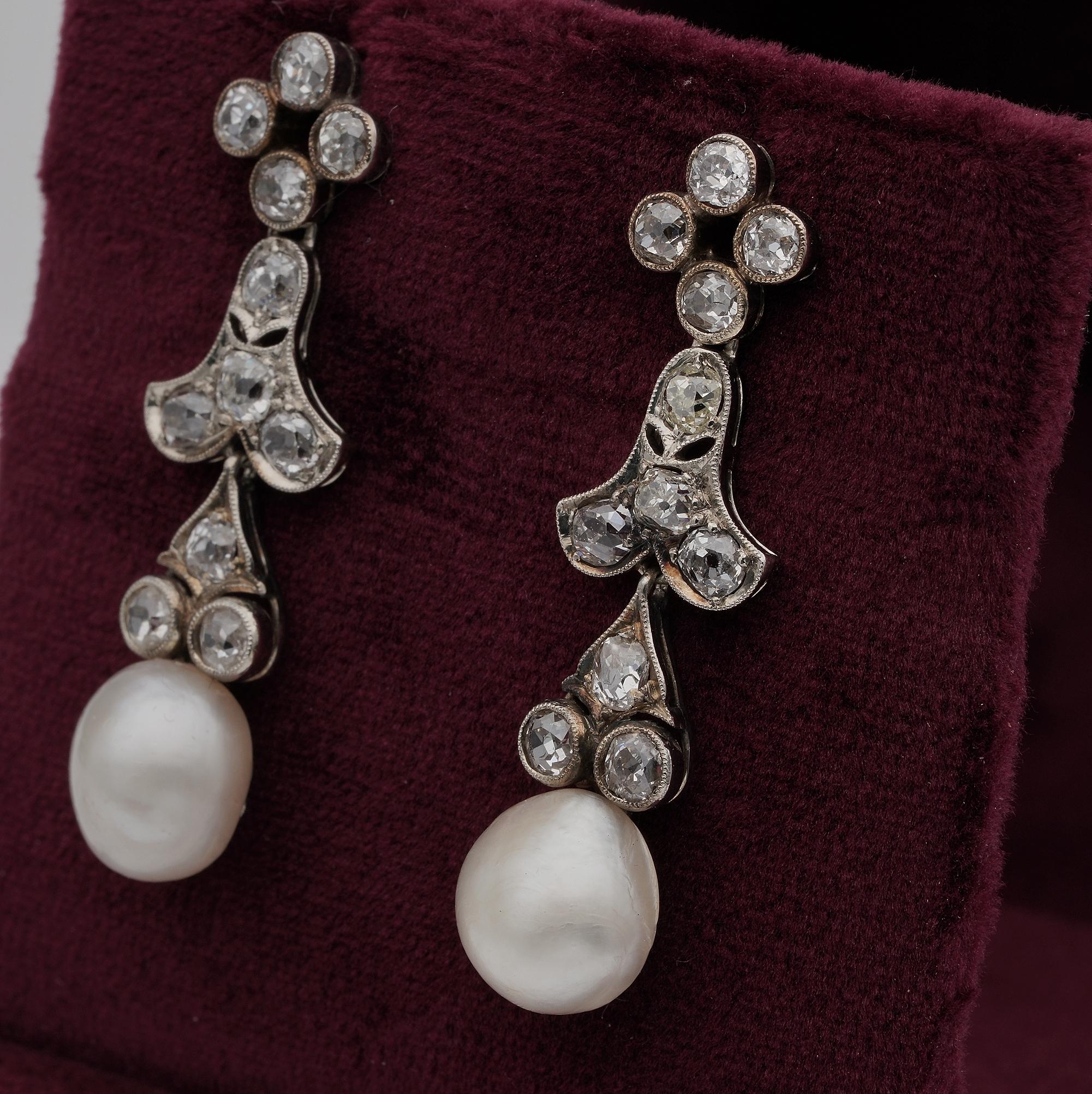 Women's Victorian Natural Basra Pearl 2.40 Carat Diamond Drop Earrings For Sale