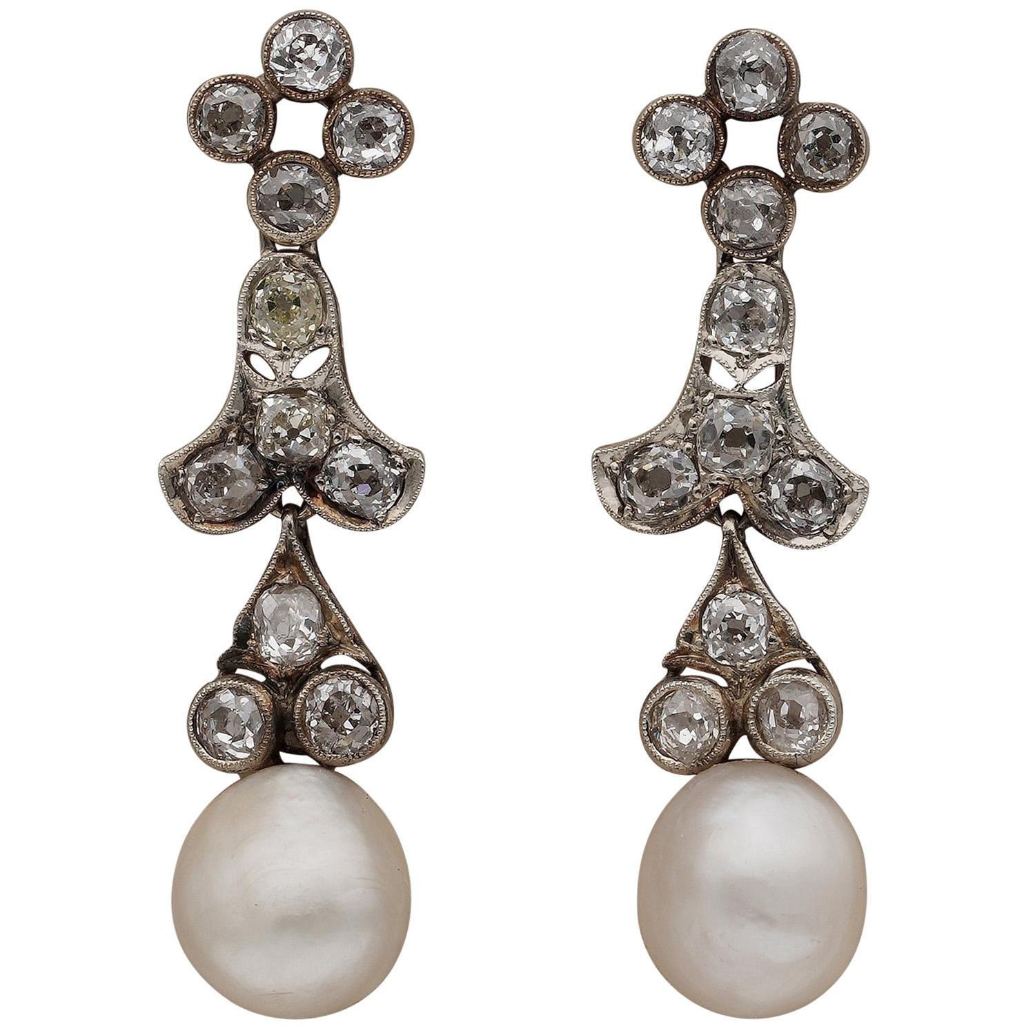 Victorian Natural Basra Pearl 2.40 Carat Diamond Drop Earrings For Sale