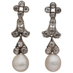 Victorian Natural Basra Pearl 2.40 Carat Diamond Drop Earrings