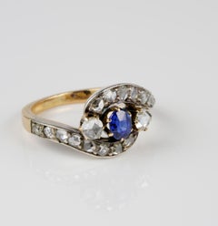 Victorian Natural Blue Sapphire and Rose Cut Diamond Crossover Ring