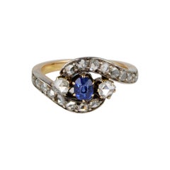 Antique Victorian Natural Blue Sapphire and Rose Cut Diamond Crossover Ring
