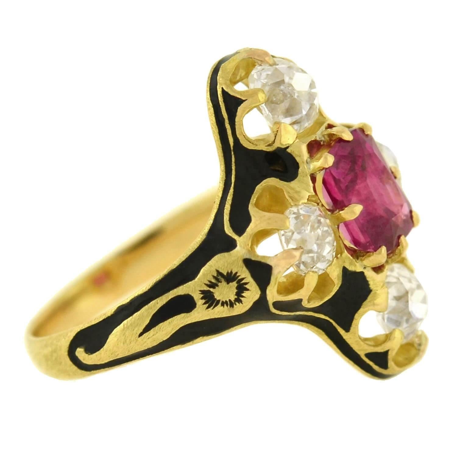 An outstanding gemstone ring from the Victorian (ca1880) era! This incredible piece is crafted in vibrant 18kt gold, and has an elongated navette-style setting. Resting at the center is a gorgeous non-heated natural Burma ruby, which is a mixed