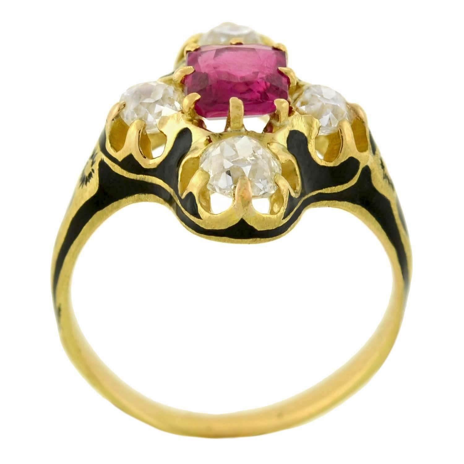 Antique Cushion Cut Victorian Natural Burma Ruby Diamond Enameled Ring For Sale
