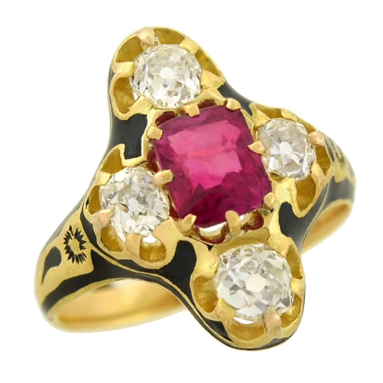 Victorian Natural Burma Ruby Diamond Enameled Ring In Good Condition For Sale In Narberth, PA