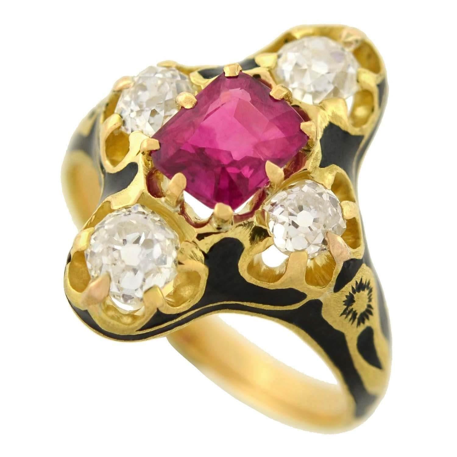 Women's Victorian Natural Burma Ruby Diamond Enameled Ring For Sale