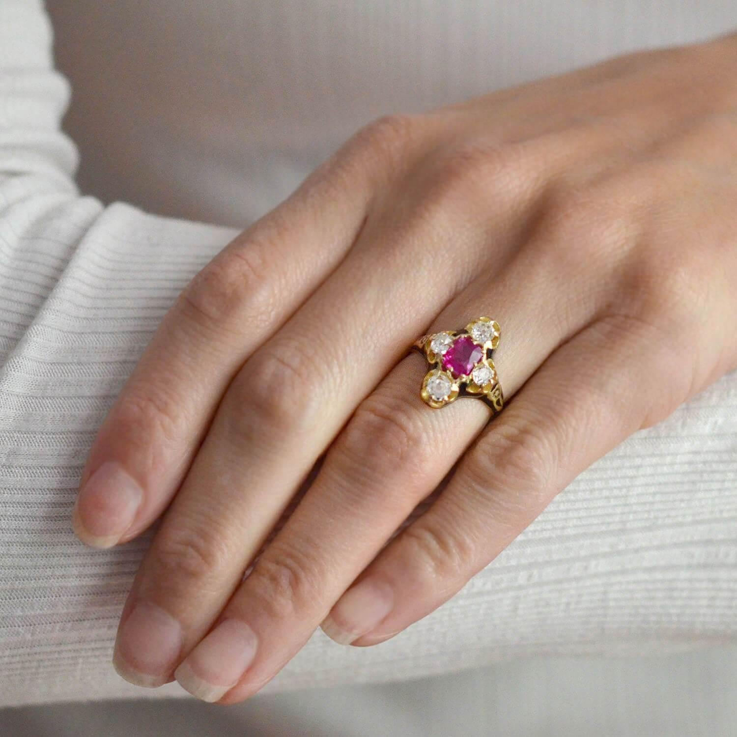 Victorian Natural Burma Ruby Diamond Enameled Ring For Sale 2