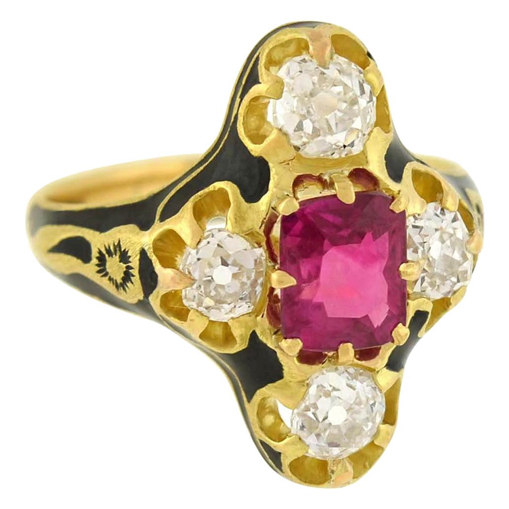 Victorian Natural Burma Ruby Diamond Enameled Ring