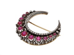 Victorian Natural Burmese Ruby and Diamond Crescent Brooch, circa 1885